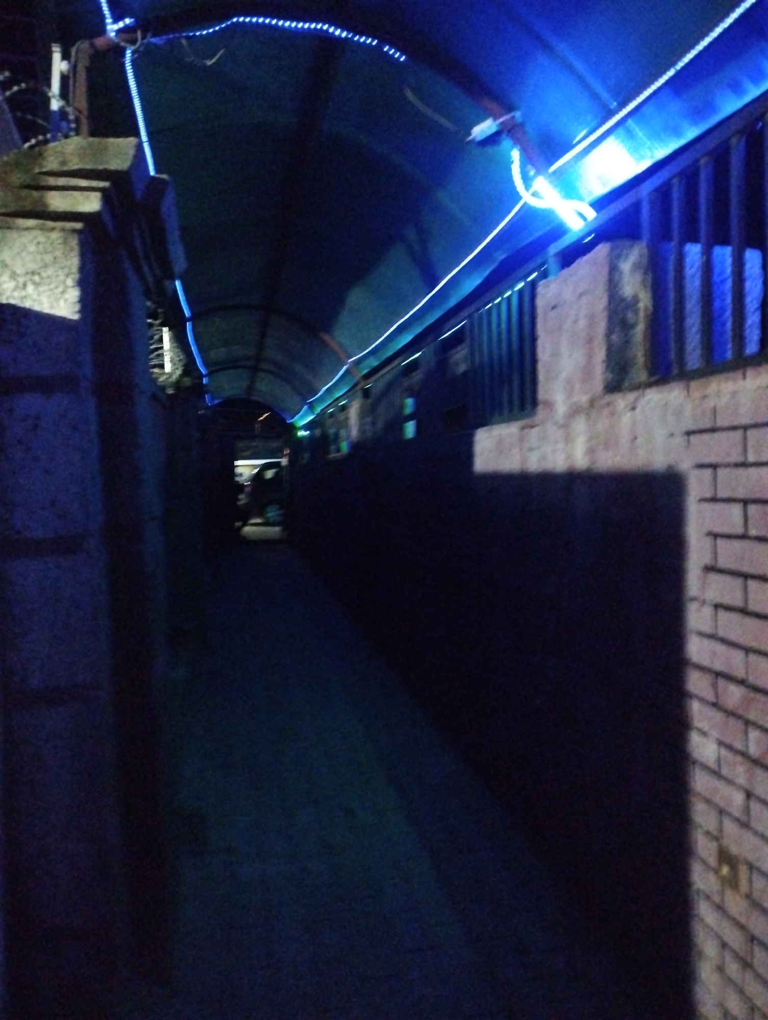 An outdoor walkway in Gombe, Nigeria, is covered by a dark green, curved tunnel-like structure. The tunnel is illuminated by blue LED lights along the edges. The walkway is narrow, and the light diminishes further into the walkway. A brick wall is visible on the right. A concrete wall is visible on the left. A person or persons are seen walking toward the end of the walkway. The walkway is dark and quiet.