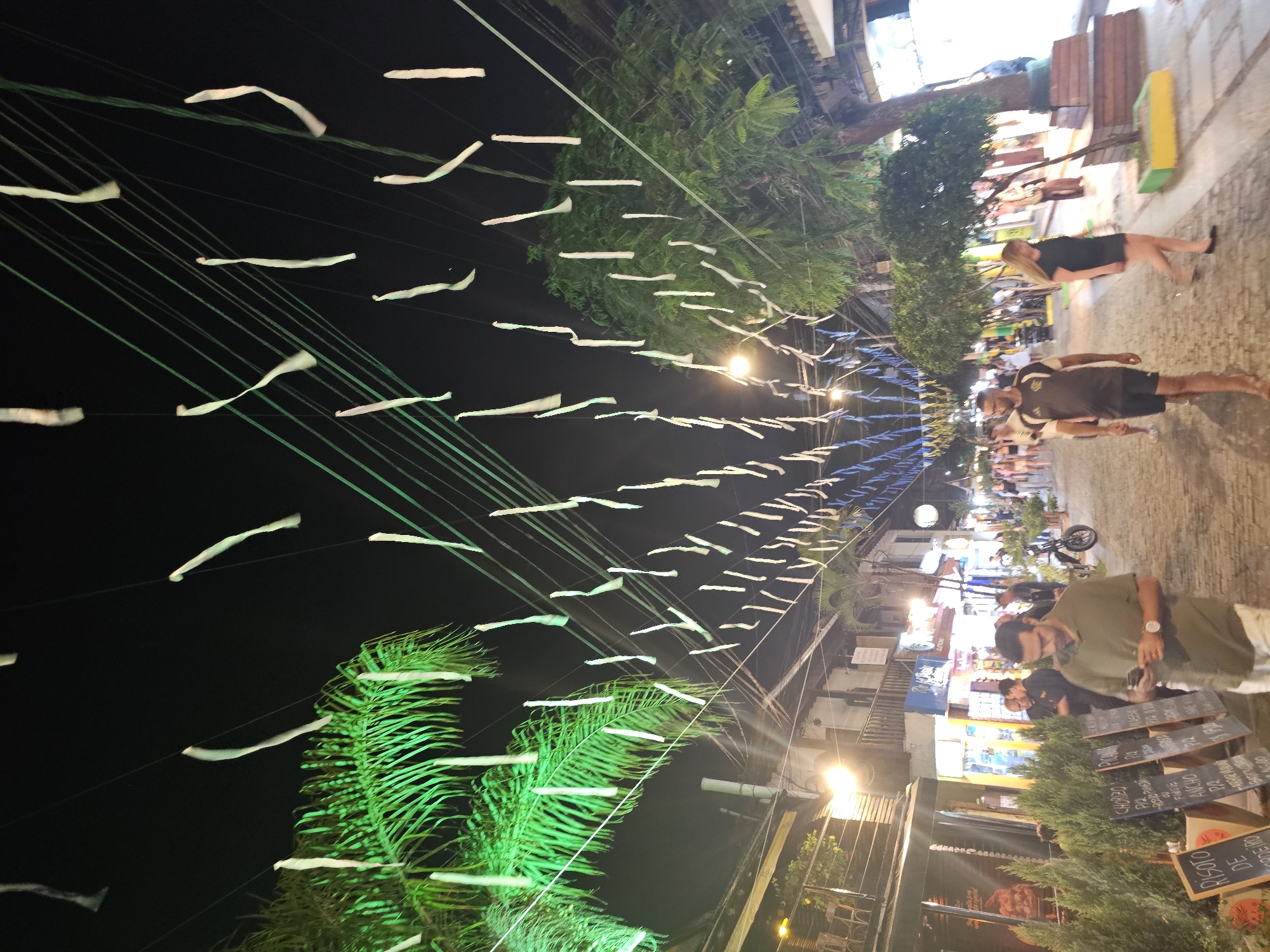 A bustling street scene at night in Armação Dos Búzios, Brazil. Paper decorations are strung across the street, illuminated from below by street lamps and business lights. People are walking along the sidewalk, some in groups, others alone. They are dressed in casual clothing, like shorts and shirts. Palm trees and other greenery are scattered throughout the scene, adding a touch of nature to the urban environment. Restaurant menus are displayed outside an establishment on the right side of the street, suggesting a vibrant dining scene.
