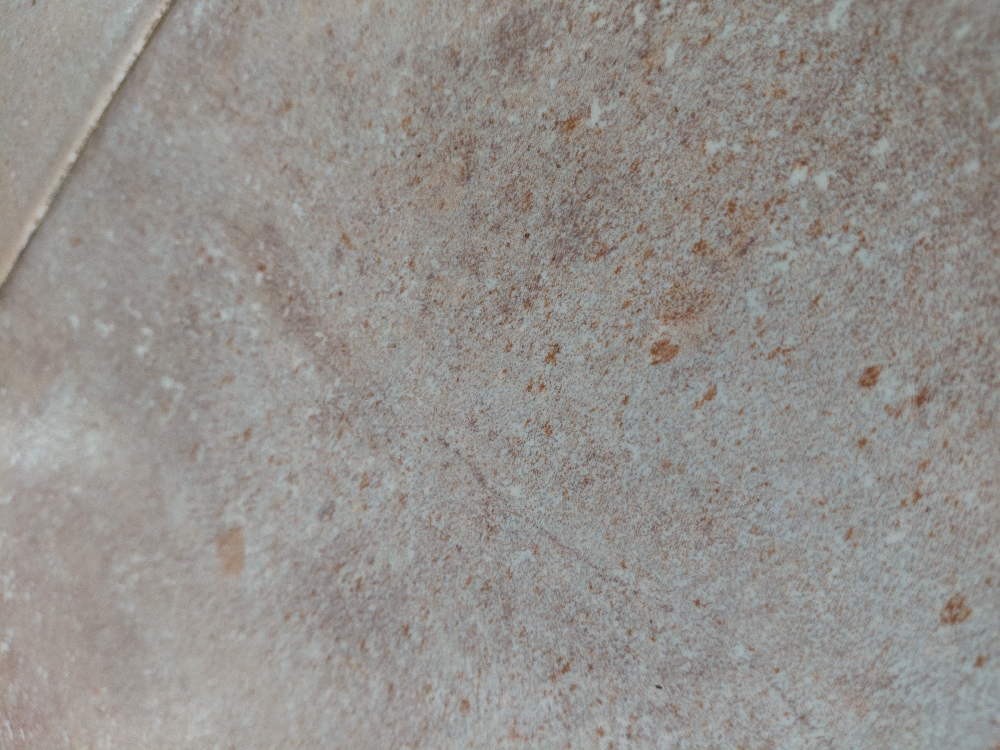 The image displays a close-up view of a textured surface, strongly resembling a floor or wall tile. The primary coloration consists of light beige and off-white hues, overlaid with numerous small, irregular speckles and patches of rust-brown and orange, creating a mottled, almost granular pattern. This texture suggests a natural stone like travertine, concrete, or a similar composite material.
A distinct, slightly darker grout line is visible diagonally across the upper left portion of the image, clearly marking the seam between two separate tiles. The surface appears to have a matte or low-sheen finish. There are no discernible objects, people, or activities depicted. The lighting is even and soft, allowing the subtle variations in texture and color to be seen without harsh shadows. No text is visible in the frame. The image provides a detailed study of the material's aesthetic and composition, fitting within the general context of building materials that might be found in Santa Ana, Venezuela.