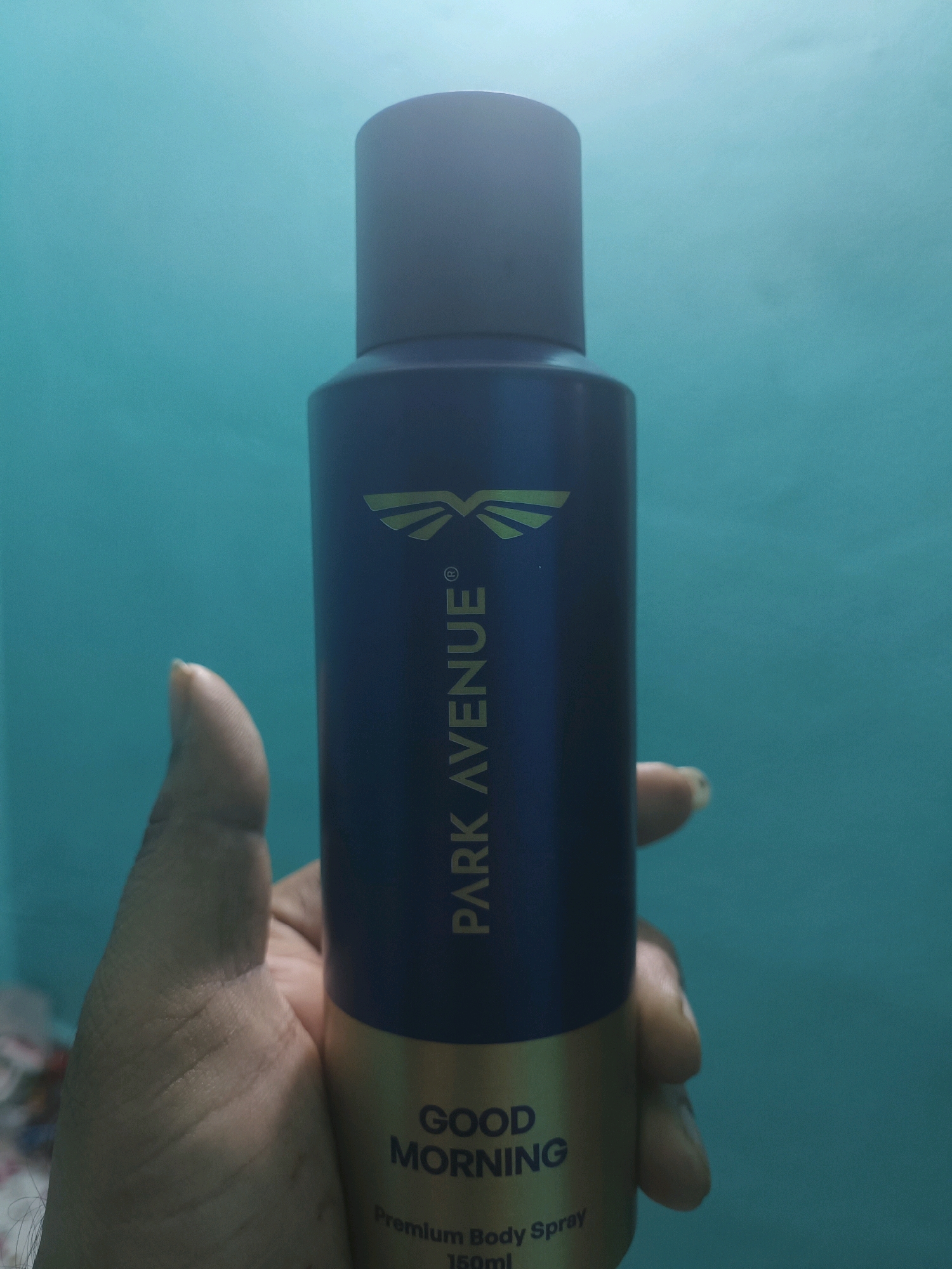 A dark blue cylindrical spray bottle, labeled "PARK AVENUE GOOD MORNING Premium Body Spray 150ml", is held in a person's hand against a teal-colored wall. The bottle has a dark gray cap and a gold band at the bottom with the text. The person's hand is visible on the left side of the frame, with the thumb and fingers partially obscuring the bottle. The background is a plain, solid teal wall. The image appears to be taken indoors, possibly in a residential setting. There is no discernible indication of the city of Patna, India.