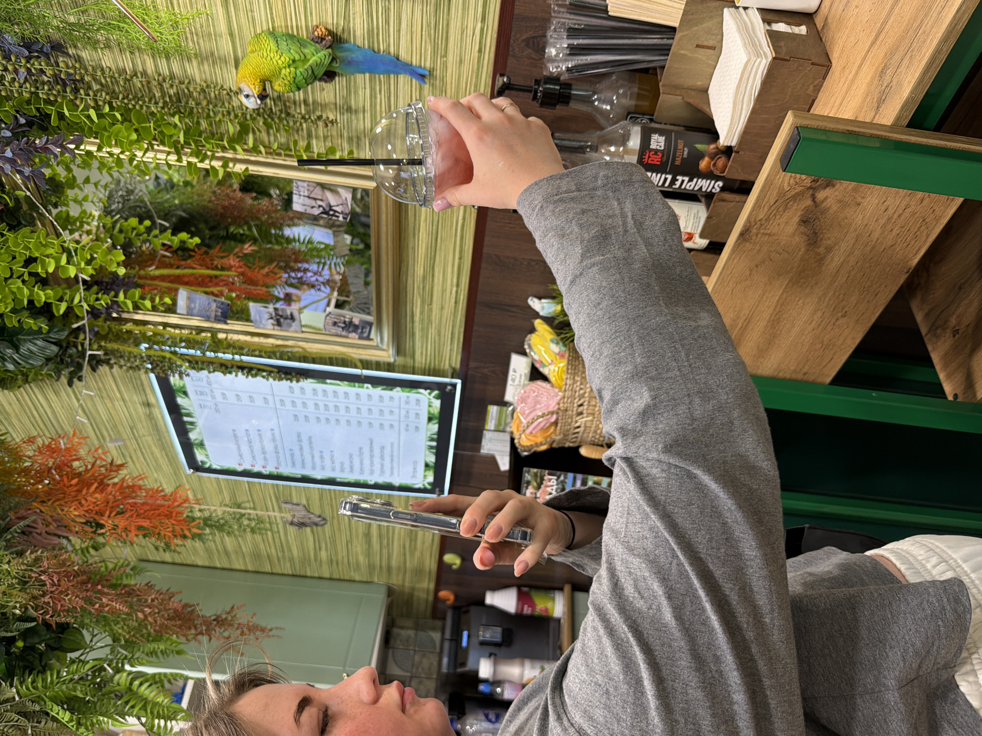 A person in a gray long-sleeved shirt is holding a clear plastic cup with a pink drink and a straw in their right hand and a smartphone in their left. The person's face is visible in the lower left of the frame; they have light skin, light hair, and are looking down at the phone. The environment appears to be an indoor cafe or restaurant. The person is surrounded by artificial plants and foliage. On the wall, there is a framed mirror and a screen displaying a menu in Russian. Other objects include syrup bottles, napkins, and other beverage accessories, arranged on wooden shelving. There's also a fake parrot perched near the mirror frame. The person seems to be taking a picture with their smartphone. The location is inferred to be in Chaikovsky, Russia, based on the menu being in Russian.