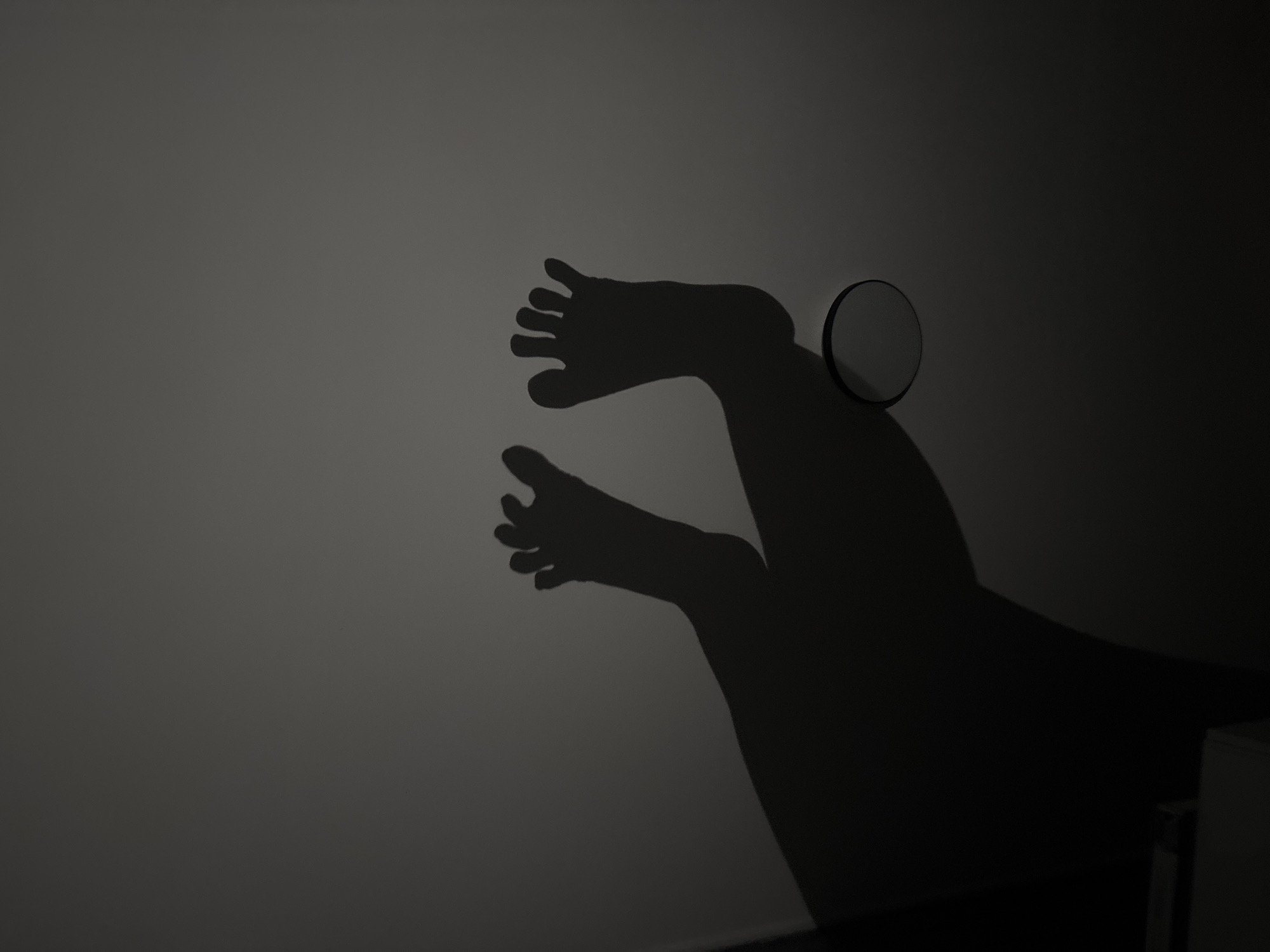 The image shows a shadow of a pair of feet and a circular object, possibly a magnifying glass, cast onto a light gray wall. The feet appear to be in motion, one positioned slightly above the other. The circular object is located near the ankle of the upper foot shadow. The lower right corner of the image is darkened, suggesting a nearby object or surface obstructing the light source. No people or discernible details about the location of Belopoptsi, Bulgaria, are visible in the image.