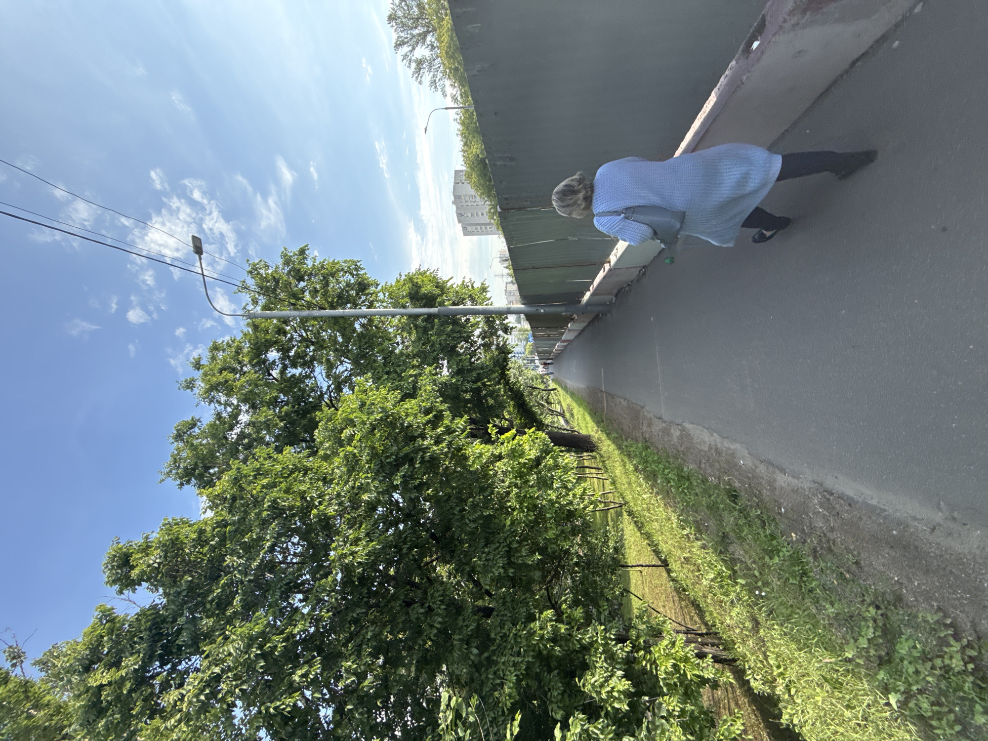 An outdoor, low-angle, full shot captures a woman walking away from the camera on a paved path on a sunny day. She is wearing a light blue, long, loose-fitting sweater or dress over dark pants and black shoes. She is carrying a light blue bag over her left shoulder. The path is bordered on the left by a grassy slope with trees and on the right by a tall, dark green fence. In the distance, a street light is visible, and further beyond the fence, buildings and more trees are seen against a bright blue sky with scattered white clouds. The scene appears to be in a park or a pedestrian walkway within a city.