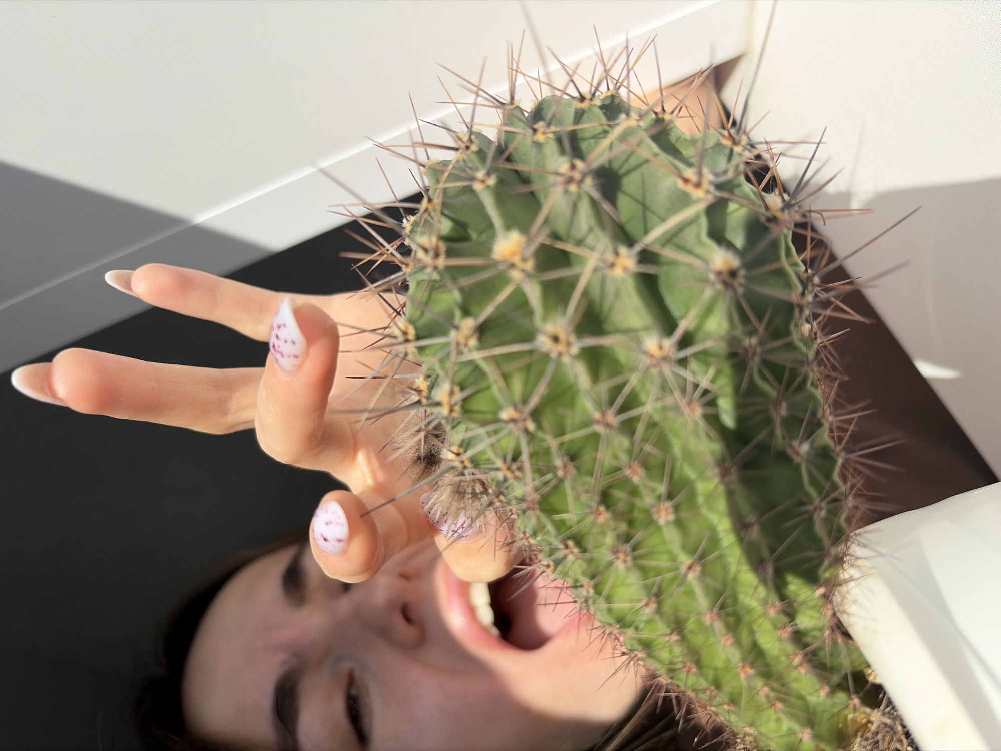 A low-angle, somewhat obscured view features a woman's face and hand near a cactus. The woman has brown hair and is looking upward with her mouth open. Her hand, with white nails decorated with small pink accents, is positioned as if reaching towards the cactus. The cactus, in a white pot, is green and covered in spines. The background consists of a white surface above the cactus, with a dark area beneath the woman’s face.