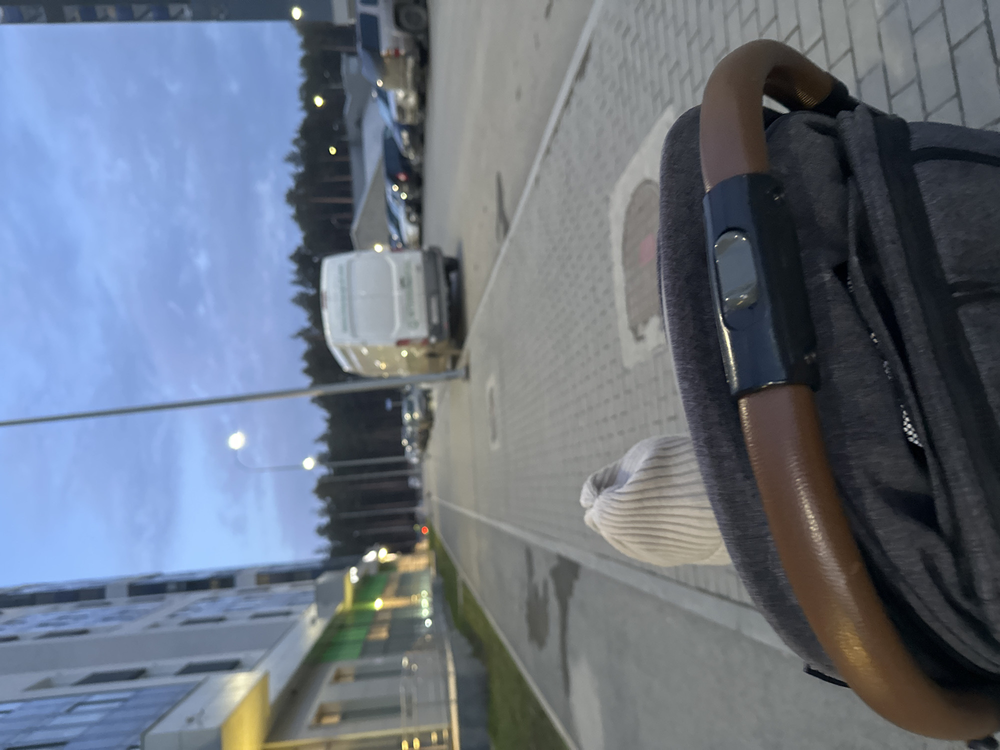 The image presents an outdoor scene captured from a first-person perspective, looking forward from behind a stroller during dusk or early evening in an urban or suburban environment in Yekaterinburg, Russia.
In the immediate foreground, the right side is dominated by the handle of a stroller, crafted from a brown, textured material resembling faux leather. A dark, rectangular mechanism with a metallic silver button is attached to the handle. Below the handle, a hand wearing a light-colored, possibly white or cream, horizontally striped glove is partially visible.
The scene ahead features a paved pedestrian path made of light grey interlocking concrete pavers, which runs alongside an asphalt road. A thin white line marks the edge of the road, separating it from a narrow strip of grass. Numerous vehicles, including cars and a prominent white delivery van, are parked along the roadside.
On the left side of the image, a modern, multi-story building with a facade featuring many windows and possibly balconies is visible. Further in the distance, behind the vehicles and buildings, a dense line of conifer trees forms a dark silhouette against the sky. Several streetlights along the road and path are illuminated, as are some lights on the building's facade, casting a warm glow.
The sky above is a pale blue, transitioning from daylight to night, with faint, wispy cloud formations. The overall atmosphere is quiet and serene as natural light fades and artificial lights begin to dominate. There is no visible text in the image.