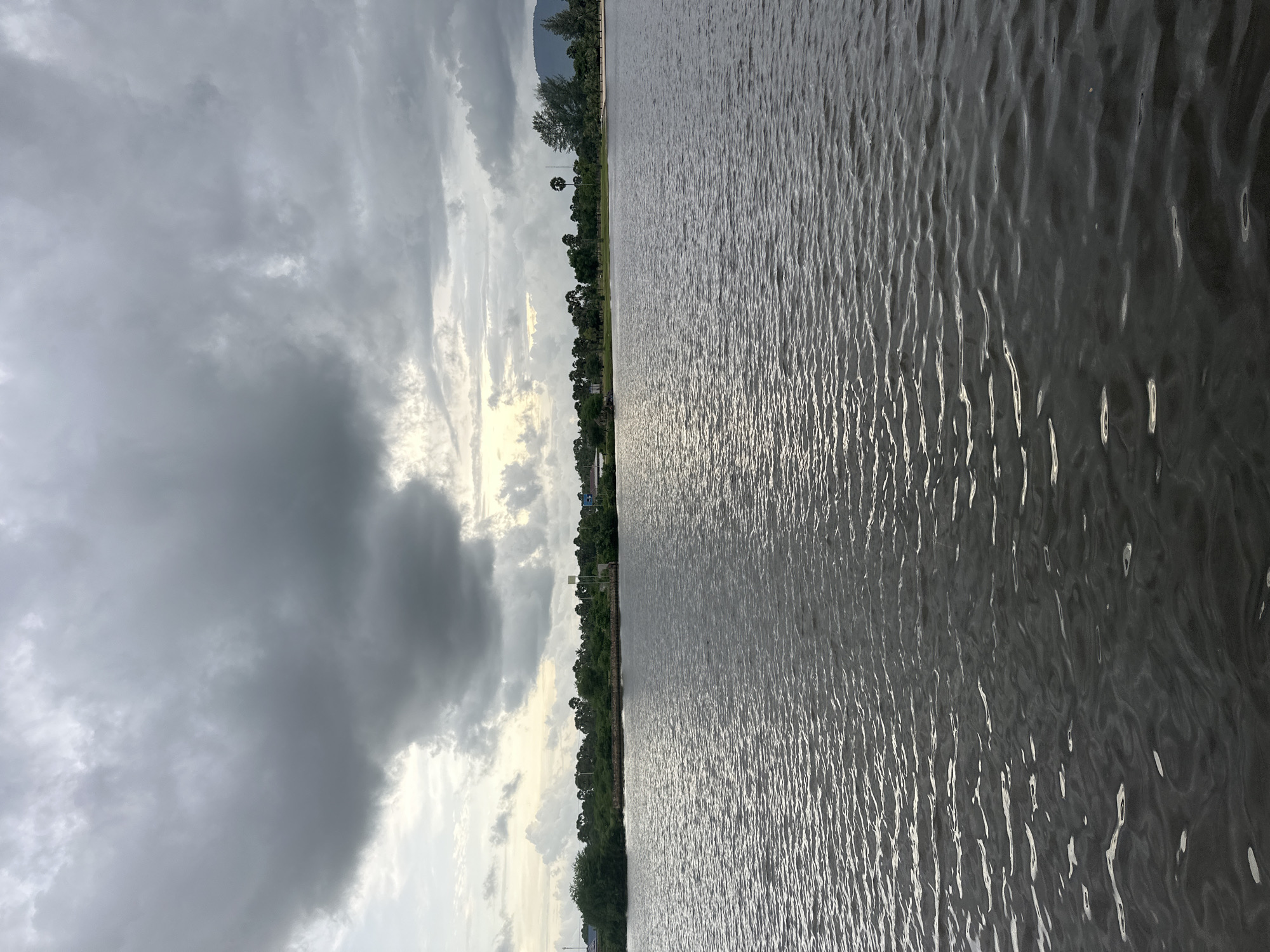 The image shows a body of water in the foreground, with a treeline and buildings on the horizon. The sky is overcast with dark clouds. The water is choppy, with ripples reflecting the light. The treeline consists of a variety of trees, including palm trees and other tropical vegetation. There are some buildings visible amongst the trees, including what appears to be a house or resort on the left and a tall, narrow building with a yellow flag on a pole on the right. In the distance, a mountain range is visible. The overall impression is of a tropical landscape on a cloudy day. This scene is consistent with views of the Kampong Bay area of Kampot, Cambodia, where a large body of water borders the town and is lined with lush vegetation and scattered buildings.