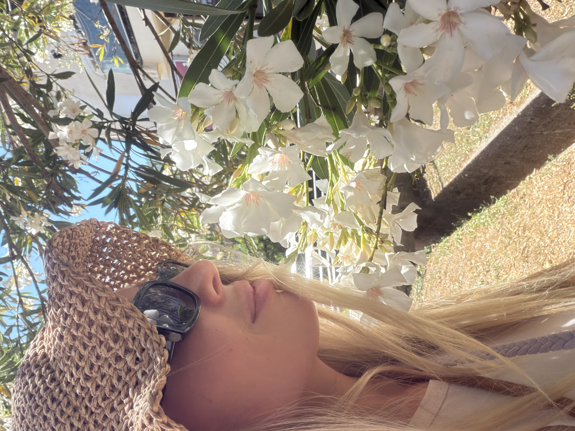 A woman with long blonde hair, wearing a woven straw hat and dark sunglasses, is shown in profile from the chest up. She is looking to the right, her head tilted slightly downwards as if smelling white flowers. The flowers, with five petals and pink centers, are abundant on branches with dark green leaves, set against a bright blue sky. The background shows dry, straw-like ground and a portion of a building. The scene appears to be outdoors, possibly in Budva, Montenegro, given the sunlight and vegetation.