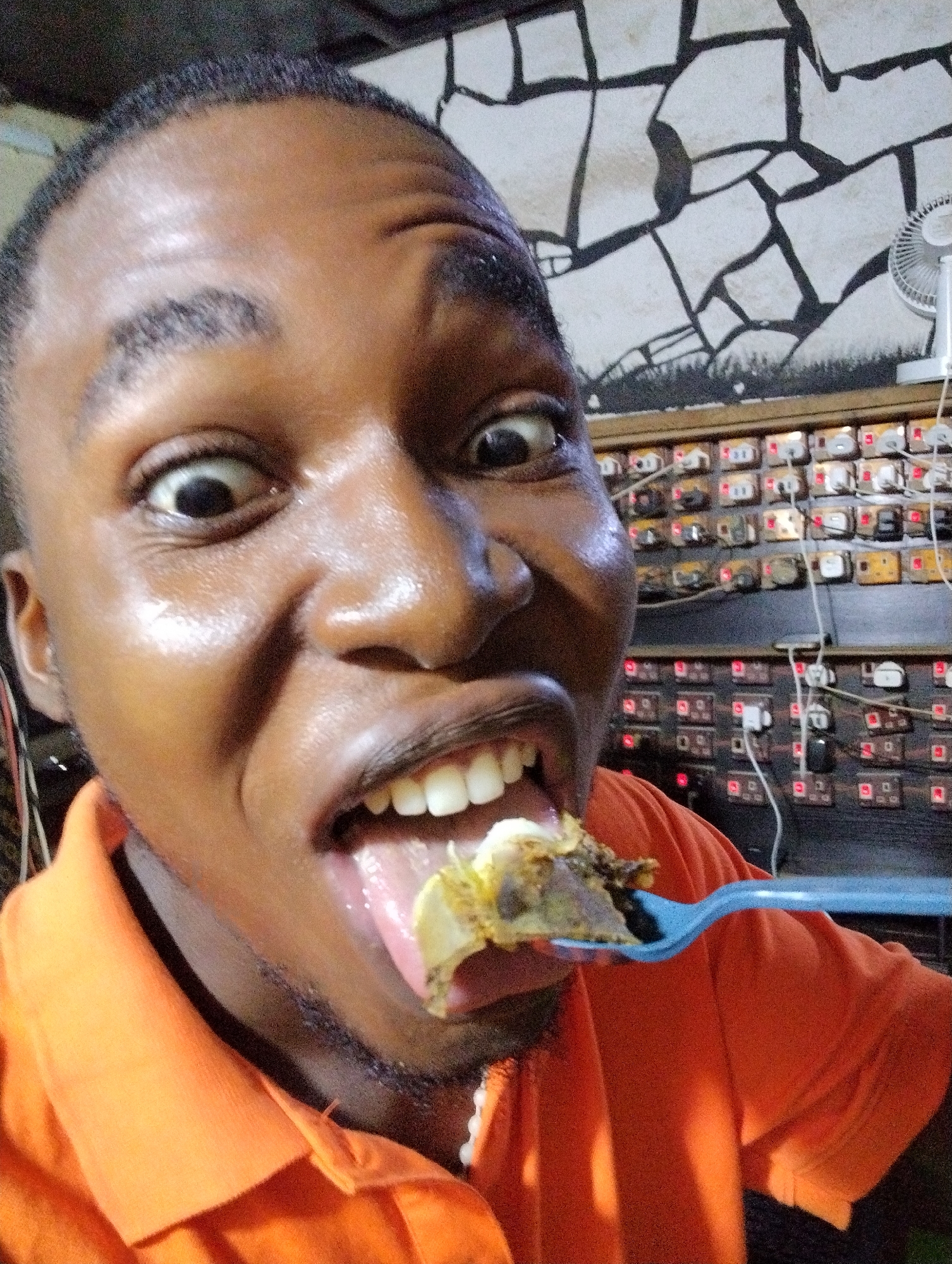 An indoor scene in Ihiagwa, Nigeria, features a dark-skinned individual, presenting as male, with short dark hair and a short beard, wearing an orange collared shirt. The individual displays an exaggerated facial expression, featuring wide-open eyes, an open mouth with an extended tongue, and visible white teeth, positioned to receive food from a blue plastic fork. The food item is irregularly shaped, appearing to be composed of darker and lighter elements. A visible sheen is present on the individual's forehead, nose, and cheeks, possibly indicating perspiration. The upper left and central background show a light-colored wall with a black, irregular, mosaic-like pattern. In the upper right background, a small white desk fan is visible. Below this, a dark panel extends across the background, fitted with numerous electrical sockets or switches, many equipped with illuminated red indicators. Several white power cords are connected to these sockets.