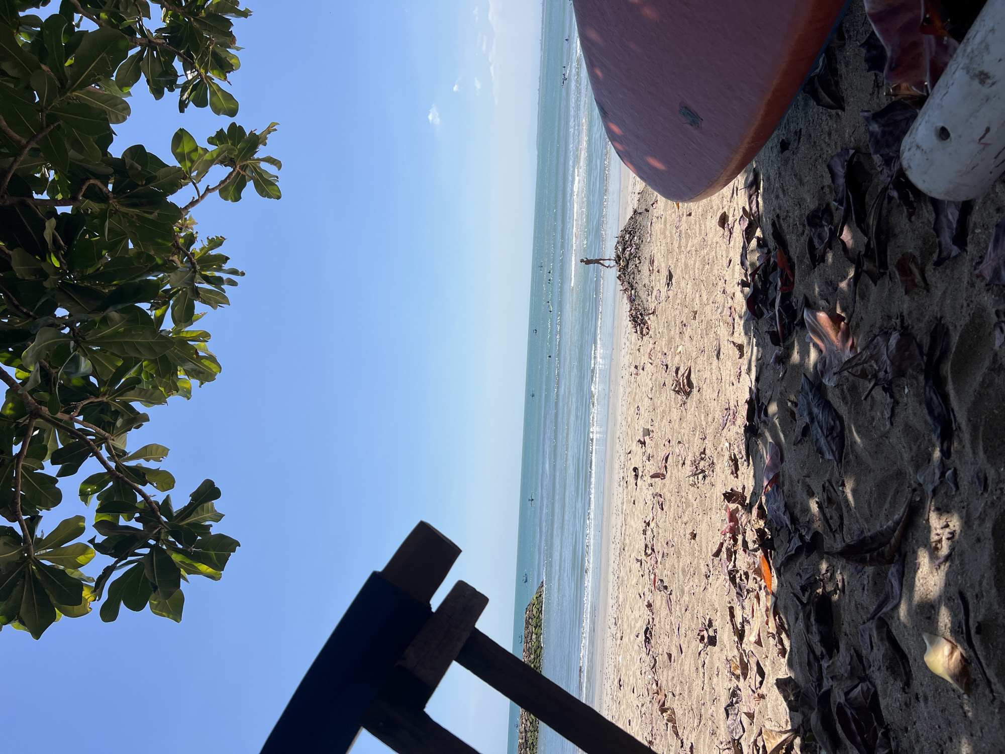 The image depicts a beach scene in Kuta, Indonesia, with a clear blue sky overhead and the ocean stretching to the horizon. In the foreground, dry leaves are scattered on the sand. To the left, a dark wooden structure, possibly part of a beach chair or table, is visible. Partially obscuring the right side of the frame is the edge of a red surfboard. In the middle ground, a single person stands on a small pile of debris on the sand. Several surfers and small boats are scattered across the water. A breakwater, made of rocks and covered in moss, runs parallel to the shore. Green foliage from a tree dangles from the top of the frame, casting shadows on the sand.