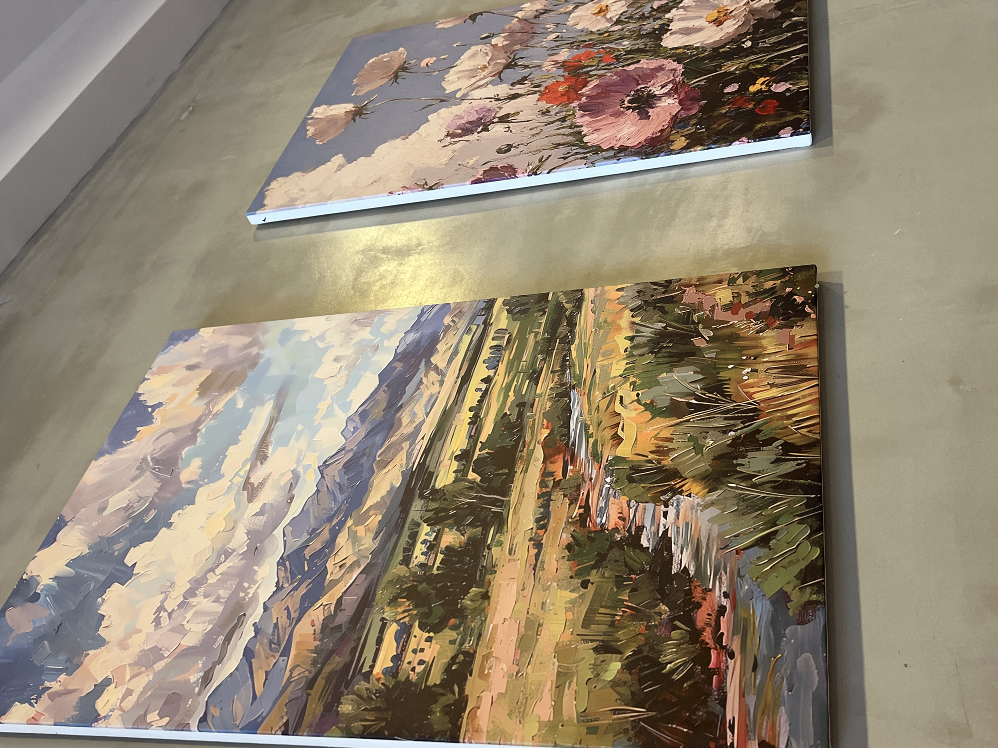 The image displays two large, framed paintings mounted on a textured, light gray wall, likely in an interior space in Bắc Nha Trang, Vietnam. The perspective is an upward angle, showcasing the artwork.
The upper painting features a vibrant floral composition, predominantly showcasing large, light pink and red poppy-like flowers, with some white blooms, against a pale blue sky dotted with soft white clouds. The brushwork is thick and impressionistic, giving the flowers and clouds a distinct, tactile texture.
Beneath it, the lower painting depicts an expansive landscape. It portrays a scene with rolling mountains or hills on the left, transitioning into a wide valley or field characterized by varying shades of green, brown, and yellow, suggesting agricultural land or natural terrain. A waterway or path may be visible on the right. Like the floral piece, this painting also uses a bold, textured impasto technique, creating a dynamic visual effect.
A horizontal strip of golden light reflects prominently on the wall between the two artworks, indicating an artificial light source illuminating the display. The wall itself has a somewhat rustic, concrete-like finish. Both paintings are encased in thin white frames. The scene captures an art display, possibly within a gallery, home, or commercial establishment. No text is visible.