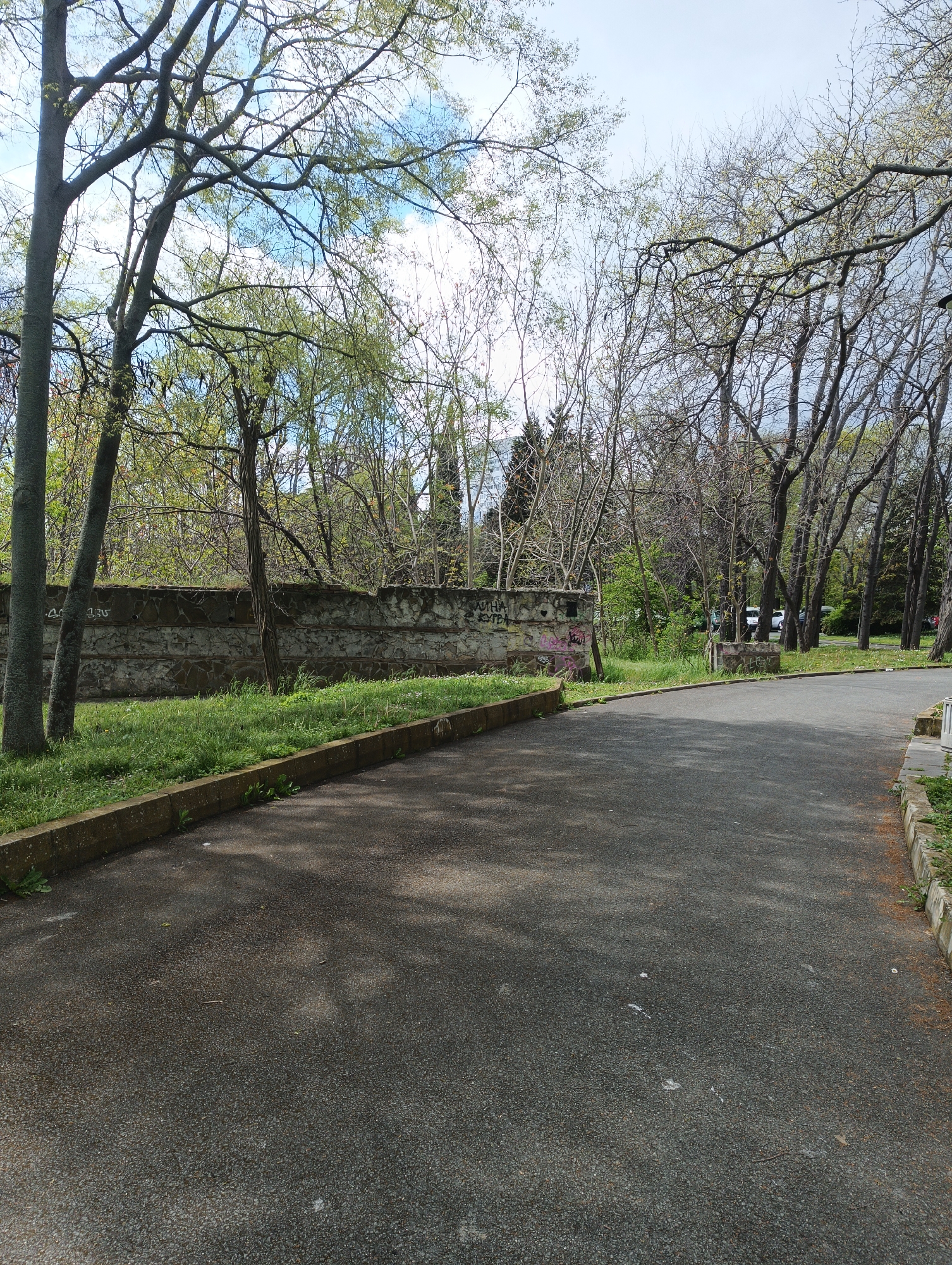 The image depicts a paved road in Burgas, Bulgaria, likely a park or public area given the surrounding greenery and trees. On the left, a low, weathered concrete wall runs parallel to the road, partially obscured by trees and grass. Graffiti is visible on the wall. Bare trees line the area, some with the first signs of spring foliage. In the distance, more trees and a building are visible. The pavement shows signs of wear and tear. The overall impression is of a quiet, somewhat neglected urban landscape.