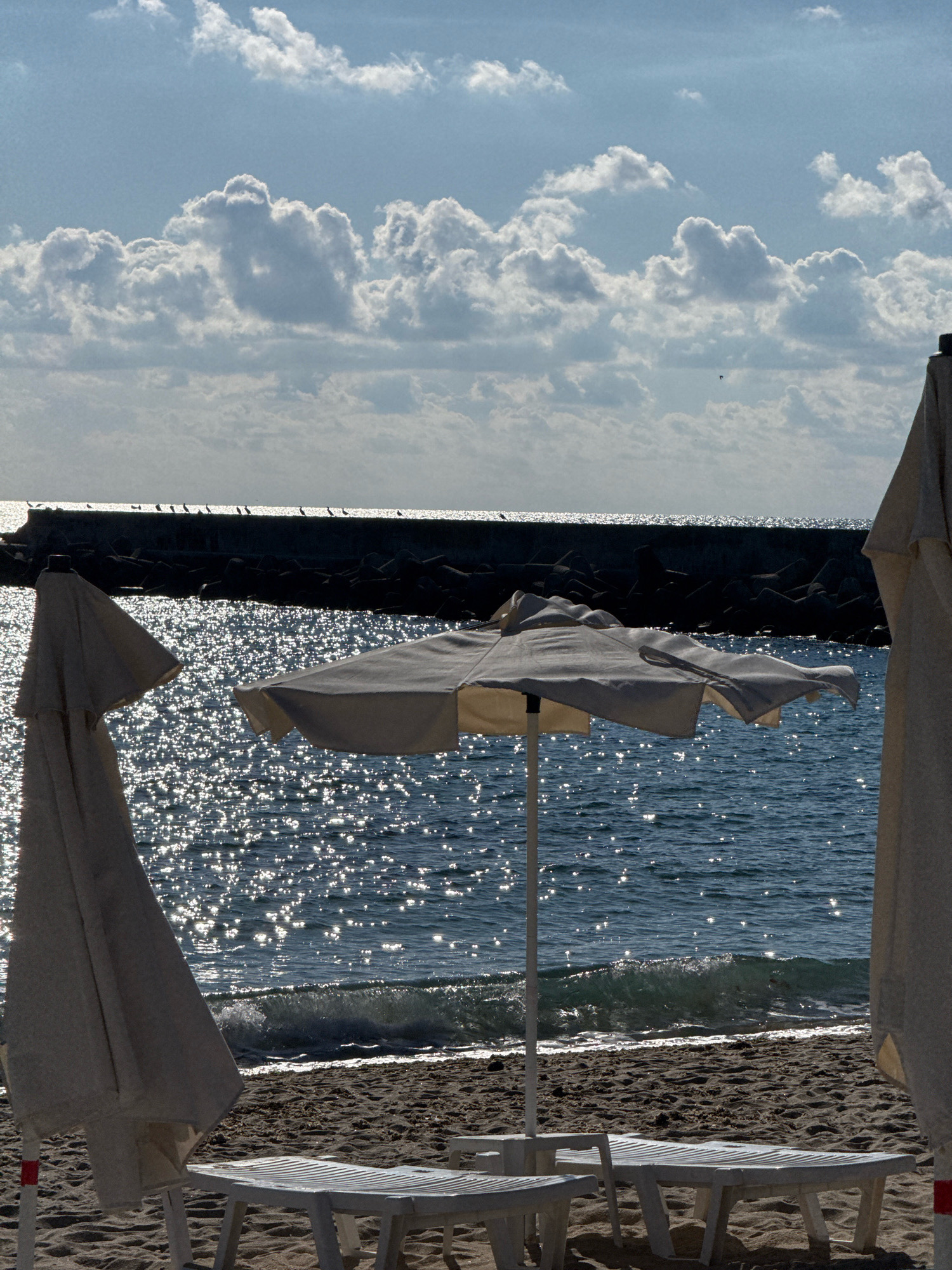 The image depicts a sun-drenched beach scene with a calm sea and a breakwater in the distance. In the foreground, two folded beach umbrellas stand on the sand, one to the left and another partially visible on the right. Between them, an open umbrella with a white canopy is deployed over two empty white sun loungers. The sea is a deep blue and sparkles intensely due to the sun's reflection. A breakwater, constructed of dark, angular rocks, stretches across the horizon, and a line of small figures, likely birds, are perched along its top edge. Above the sea, the sky is a clear blue with scattered, fluffy white clouds. The overall impression is one of a peaceful and inviting beach setting, possibly in Varna, Bulgaria, given the context of the prompt.