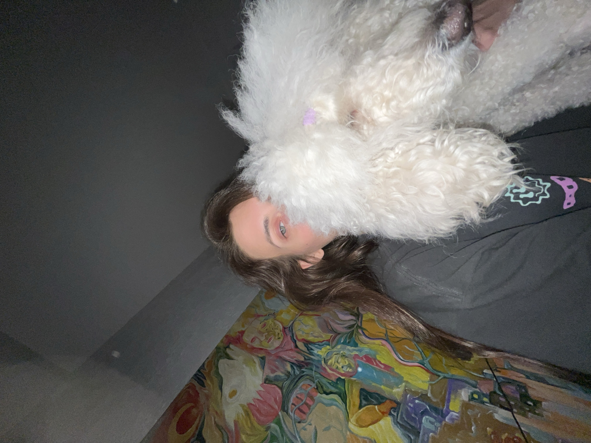 A woman with long, brown hair and blue eyes is lying on a colorful painting, possibly a canvas. A white, fluffy dog is on top of her, with its head near her face. She is wearing a grey shirt or sweatshirt with a design on the sleeve. The background is a dark grey wall. There is not enough information to locate the scene in the city of Krasnoyarsk, Russia.