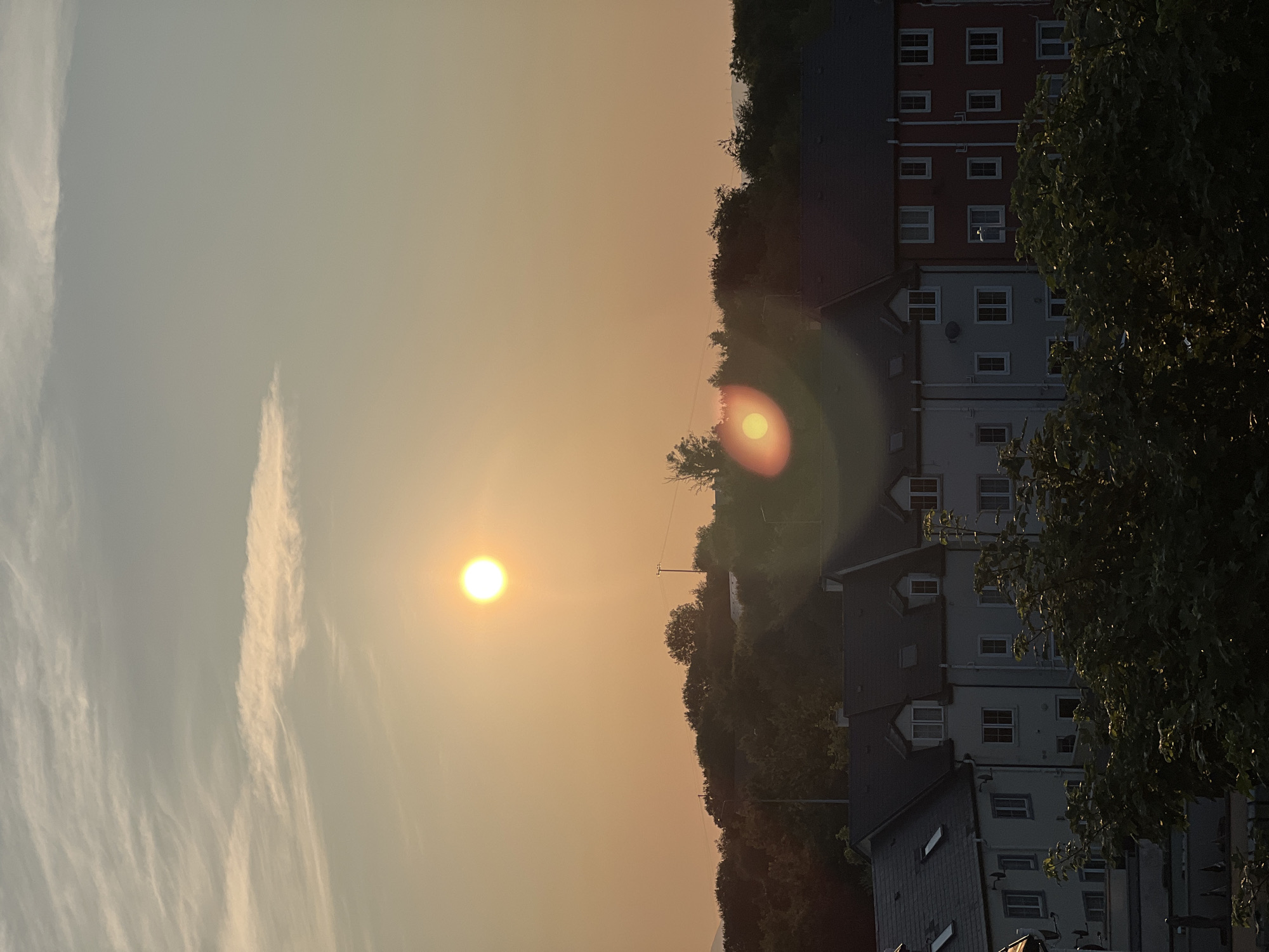 The image depicts a sunset over a residential area in Mountcharles, Ireland. The sun, a bright, glowing orb, is positioned in the upper portion of the sky, casting a warm, orange light across the scene. Wispy clouds streak across the sky, tinged with the golden hues of the setting sun. In the foreground, a row of terraced houses with red and light-colored facades are visible. The houses have multiple windows and dark-tiled roofs. Lush green trees and foliage obscure the lower portion of the houses and extend upwards, creating a natural frame. The overall impression is one of a peaceful evening in a suburban setting, with the natural beauty of the sunset enhancing the residential landscape.
