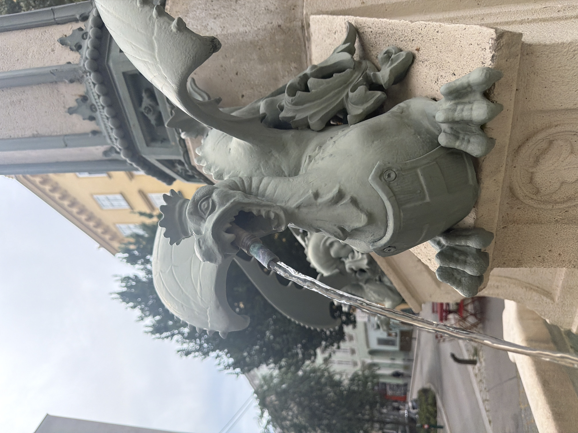 The image depicts a close-up view of a stone dragon fountain in Vienna, Austria. Water is actively spraying from the mouth of the dragon, creating a stream that flows downwards. The dragon is intricately carved with wings, a crown-like adornment on its head, and detailed claws gripping the stone base. In the background, blurred buildings and trees suggest an urban environment. The foreground shows the textured surface of the stone fountain. The lighting is overcast, indicating a cloudy day.