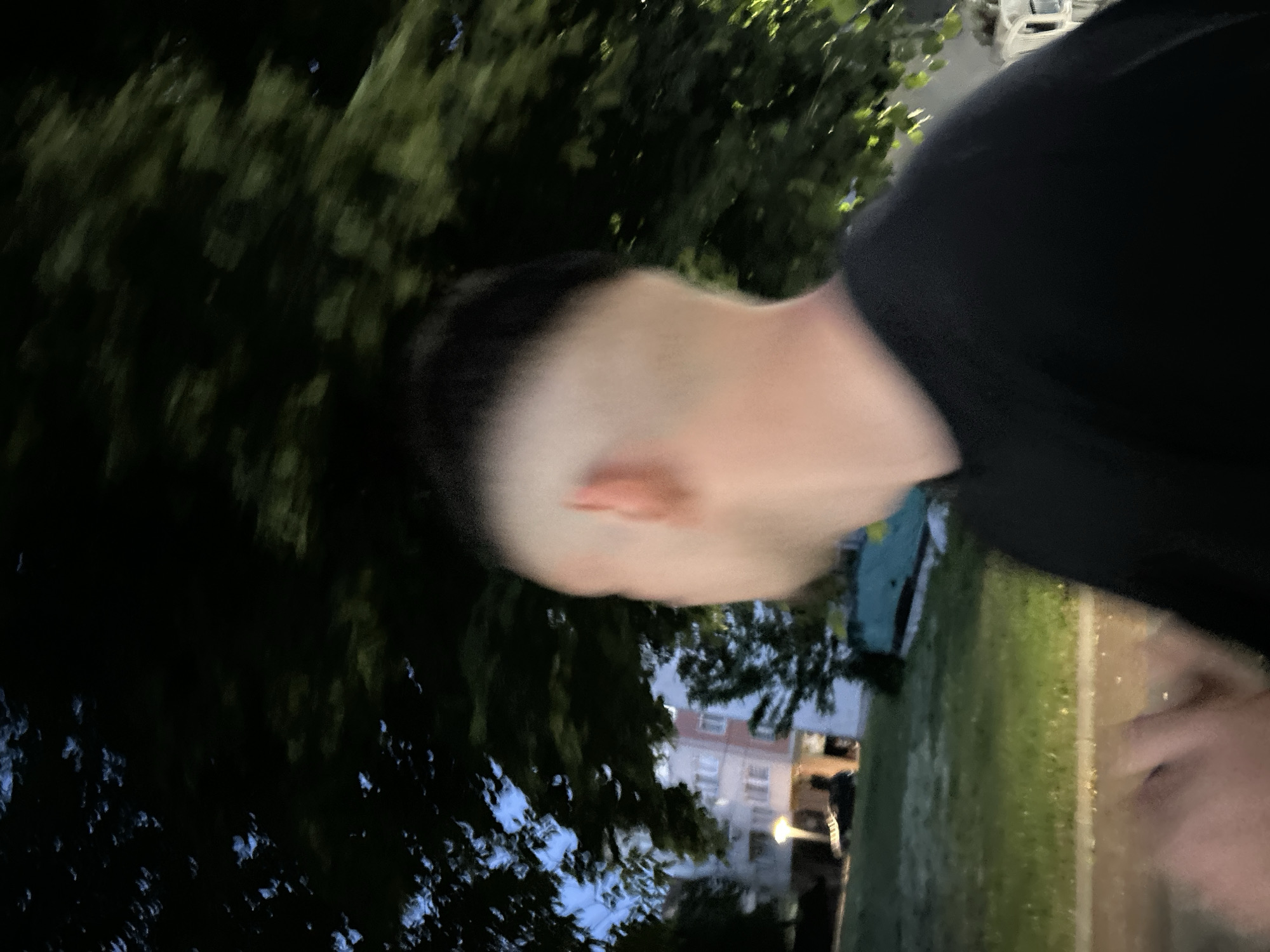 The image depicts a twilight or nocturnal outdoor scene in Dzhebel, Bulgaria. A single individual, observed from the left posterior aspect, occupies the foreground. This person exhibits a high skin fade haircut on the left side, transitioning from a closely shaved area near the ear to darker, longer hair superiorly. They are wearing a plain, dark-colored, short-sleeved garment. The left arm and hand are visible in the lower-left quadrant, exhibiting significant motion blur, suggesting movement or camera shake.
In the mid-ground and background, dense foliage from large trees with dark green leaves dominates the upper and right portions of the frame. Patches of a dim, blue-grey sky are discernible through the tree canopy. A residential building, multiple stories high with illuminated windows, is partially visible in the left background. A prominent streetlight with a warm yellow-orange glow illuminates a portion of the grassy ground and adjacent structures in the mid-left. The overall scene is dimly lit, with artificial light sources providing illumination. The image quality is affected by motion blur and low light conditions.