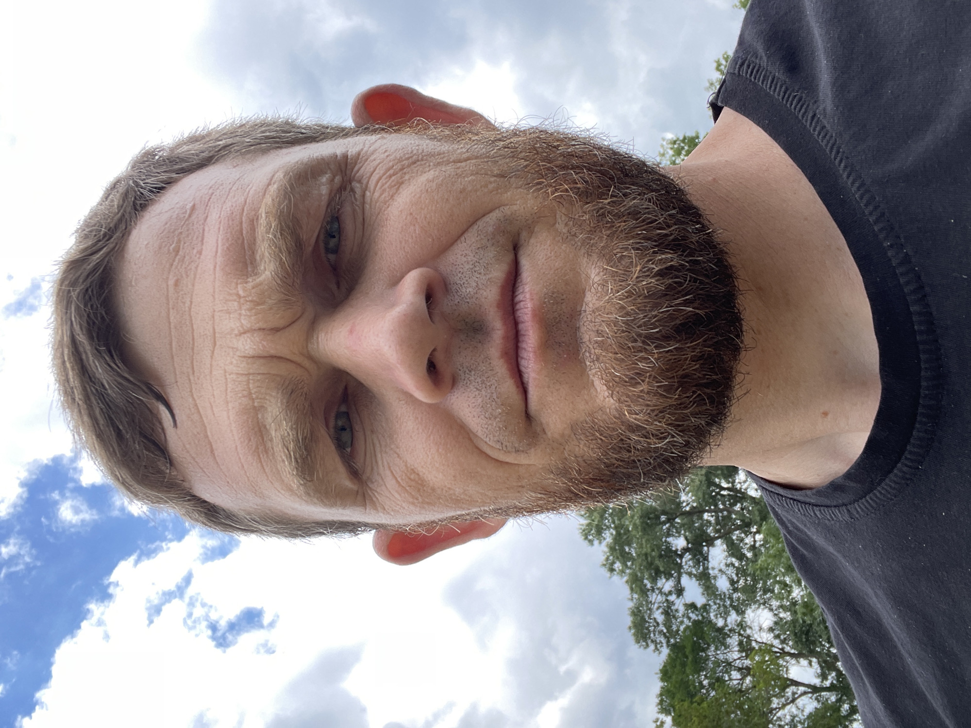 A man with a beard and brown hair is photographed from the chest up outdoors, with a cloudy sky and trees in the background. The man is looking directly at the camera with a neutral expression. He is wearing a black t-shirt. The image appears to be a selfie. The specific location in Krasnodar, Russia, is not discernible from the image.