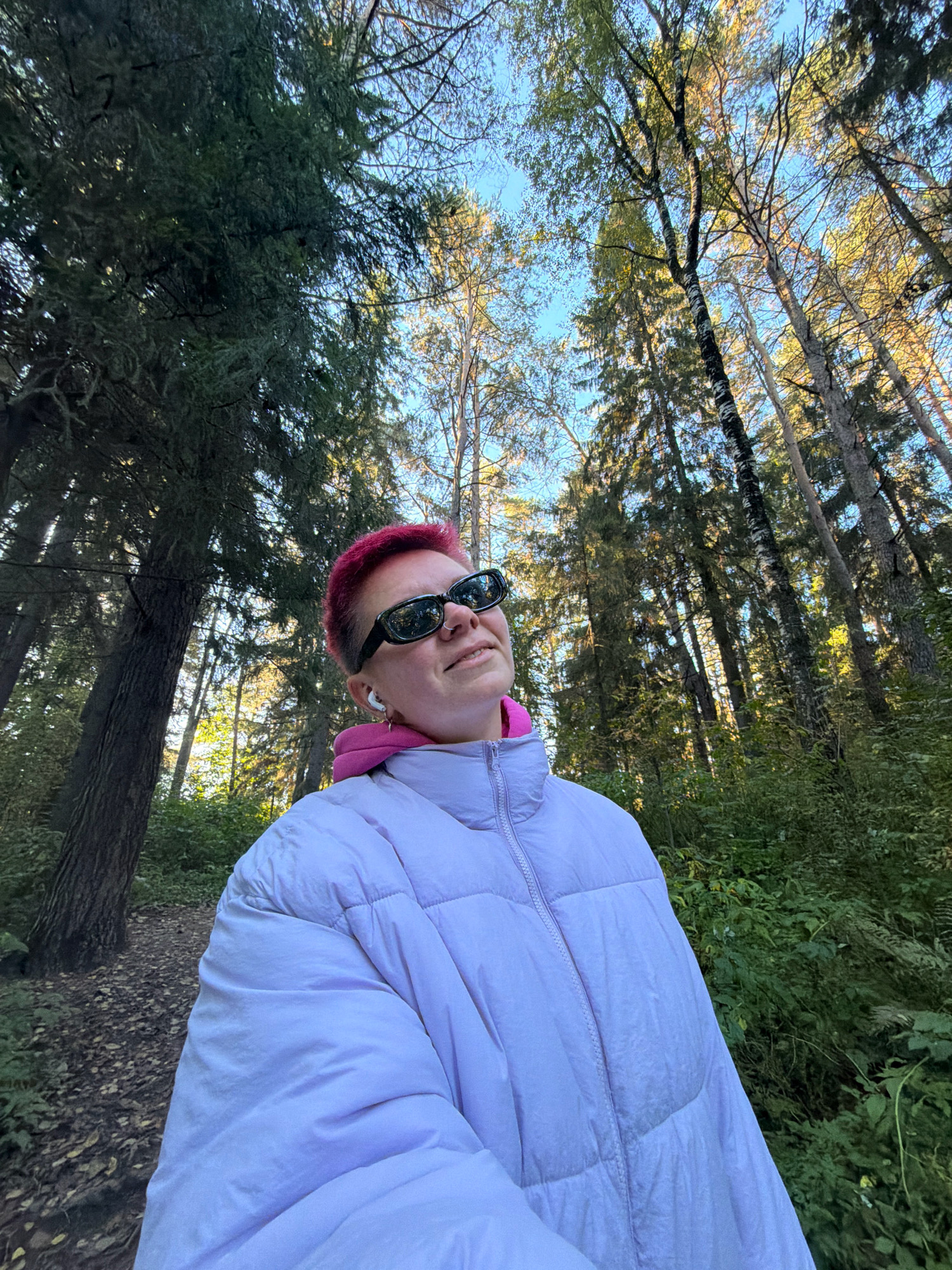 A low-angle, wide shot shows a person with short, bright pink hair wearing black sunglasses and white earbuds, looking upwards. They are dressed in a light purple puffer jacket over a pink hooded sweatshirt. The person is outdoors in a forest, with tall trees dominating the background. Sunlight filters through the canopy, creating a dappled effect on the foliage and the ground, which is covered with fallen leaves. The overall impression is one of a sunny day in an autumnal forest.