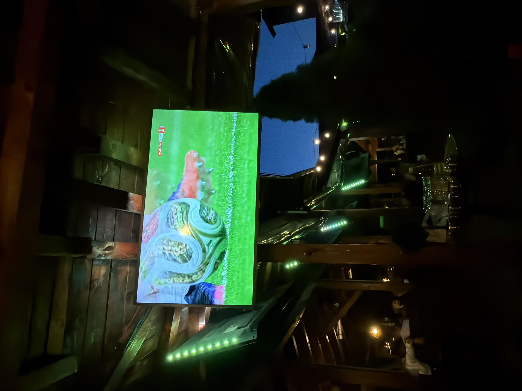 The image depicts an indoor scene, possibly a bar or restaurant, with a large television screen displaying a soccer game. The screen shows a close-up of a soccer ball with a pattern resembling seeds or nuts inside, on a green field. The top left corner of the screen has a logo that reads "НА ЖИВО Б.Н.Т. 1". The ceiling is made of dark wooden beams and planks, with green LED strip lights illuminating the structure. In the foreground, tables with glassware and bottles are visible, suggesting a dining or drinking establishment. The background is dark, with silhouettes of people and the faint glow of ambient lighting and string lights. The overall atmosphere appears to be low-light, typical of a nighttime venue. While the specific location in Sofia, Bulgaria is not explicitly identifiable from the visual information alone, the presence of a Bulgarian television channel (B.N.T. 1) suggests that this image was taken within Bulgaria.