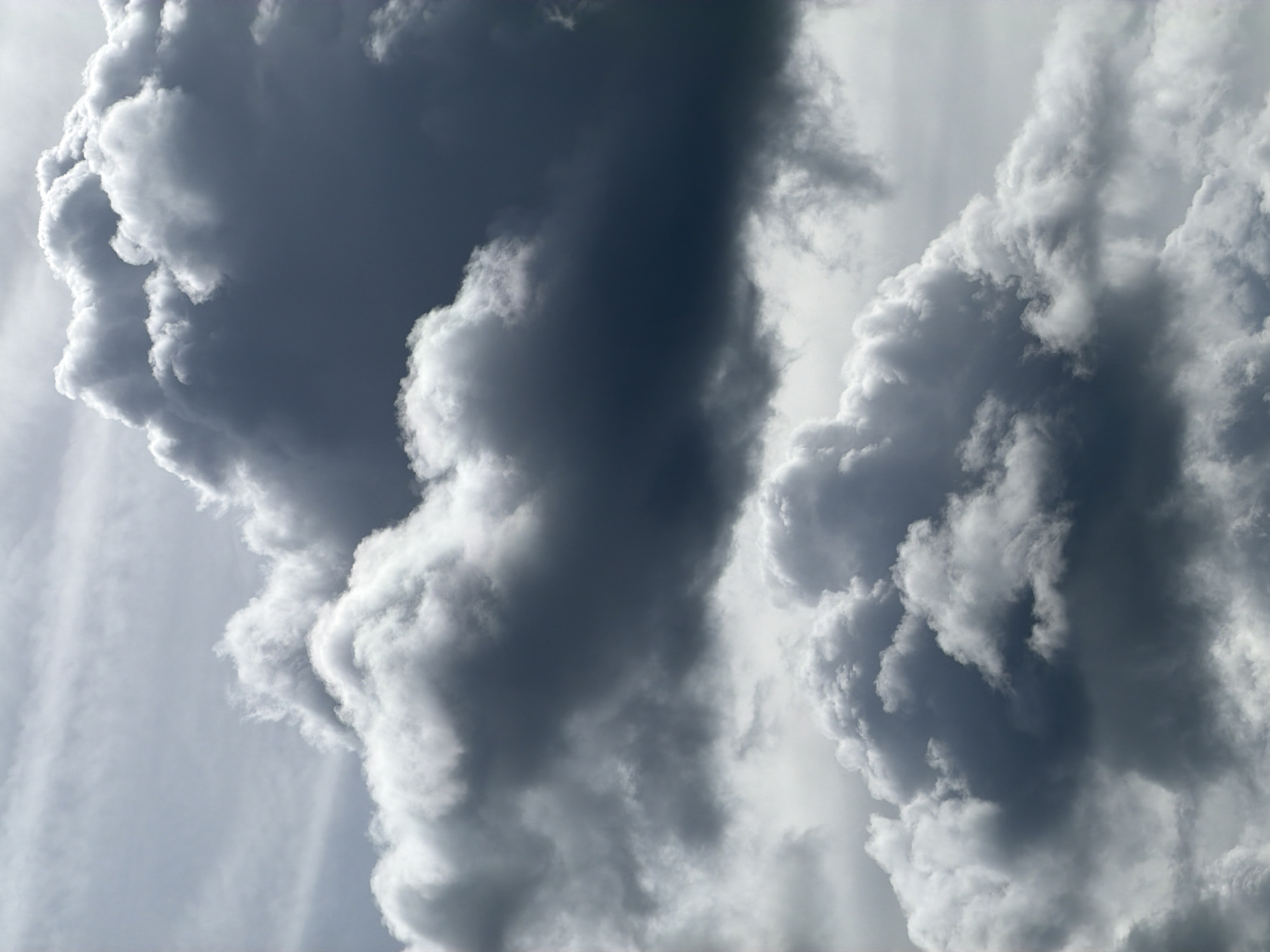 The image shows a close-up view of billowing, cumulus-type clouds filling the frame. The clouds are predominantly gray and white with varying shades indicating different levels of light and shadow. The sky itself is not visible, but the cloud formations suggest a daytime setting. There are no people or objects present in the image beyond the clouds. There is no evidence to suggest that this image was taken in Esch-sur-Alzette, Luxembourg.
