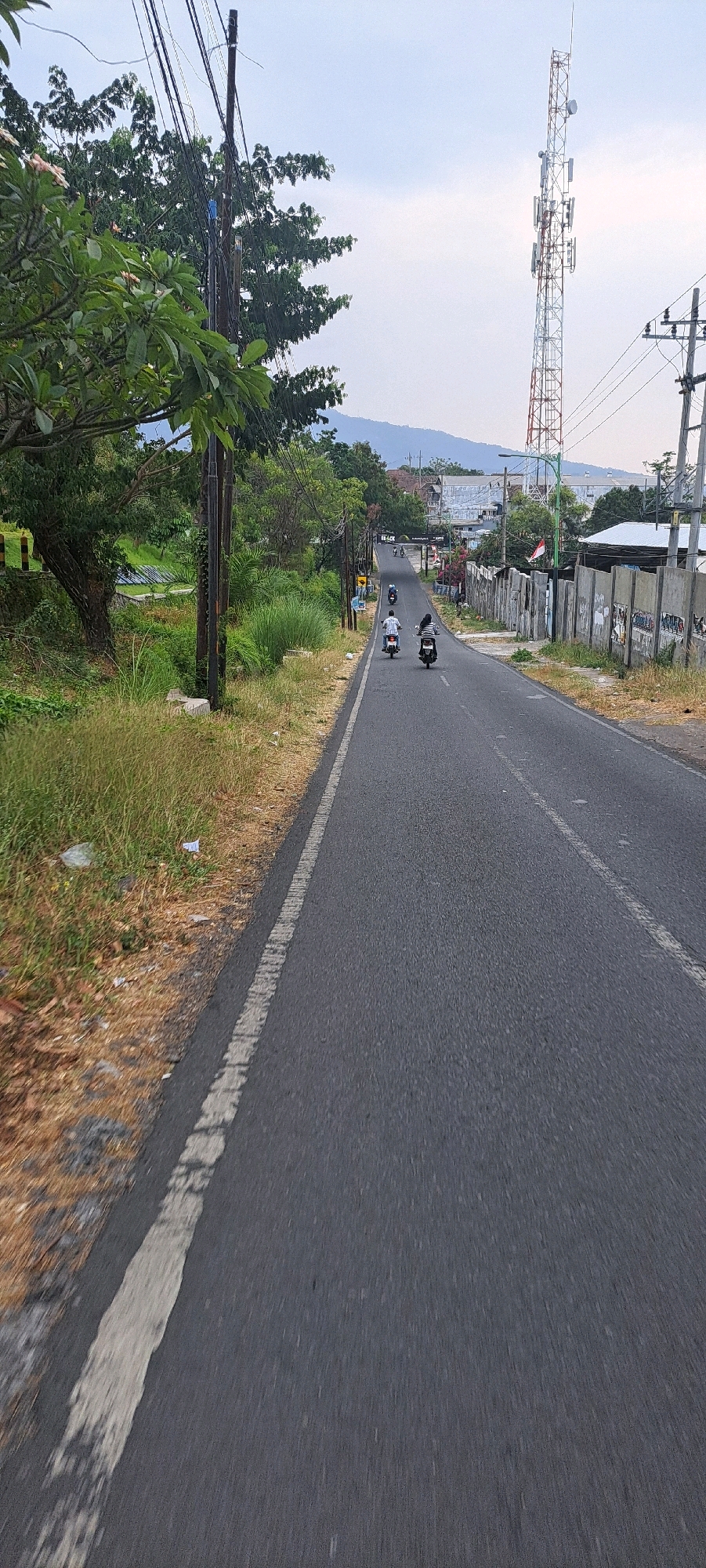 The image depicts a street scene in Sumber Gedang, Indonesia. In the foreground, the asphalt road is visible with a white dashed line marking the lane. To the left of the road is a grassy embankment with dry grass and some scattered white debris, bordered by a tree with green leaves. A wooden utility pole with numerous wires stands on the left side of the road.
Further down the road, several motorbikes are in motion. The first motorbike, closer to the camera, has two riders, one driving and one passenger. The second motorbike has a single rider. Ahead of these, a third motorbike is also visible.
On the right side of the road, there's a grey concrete wall covered with graffiti and posters. Beyond the wall, buildings are present, including what appears to be a large industrial structure with a grey roof. Dominating the background is a tall, red and white cellular tower. Rolling hills and mountains are visible in the distance under a hazy sky. The overall impression is of a semi-urban environment with a mix of natural elements and infrastructure.