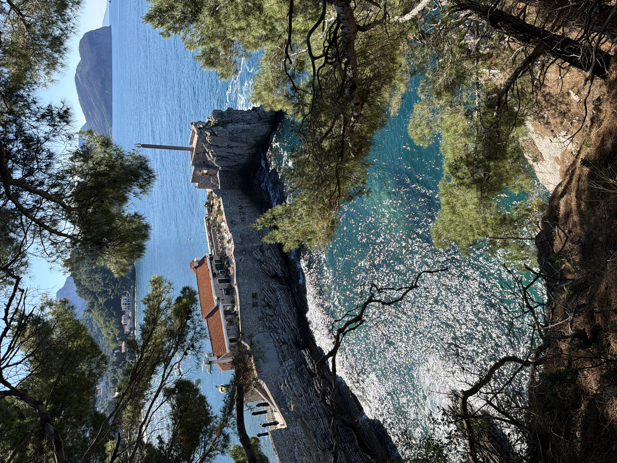 An elevated, slightly canted view through trees captures a section of the coast in Petrovac na Moru, Montenegro. In the background, across the sea, a large mountain dominates the horizon. The foreground features a stone structure with a terracotta-tiled roof, part of a building or fortress complex, extending along the coastline. A tall metal pole stands near the edge of the structure, close to the sea. The sea itself is a sparkling expanse of turquoise water. To the right, the edge of a rocky cliff covered with vegetation defines the border of the frame. The scene is bathed in sunlight, creating bright reflections on the water and highlighting the textures of the stone and foliage.