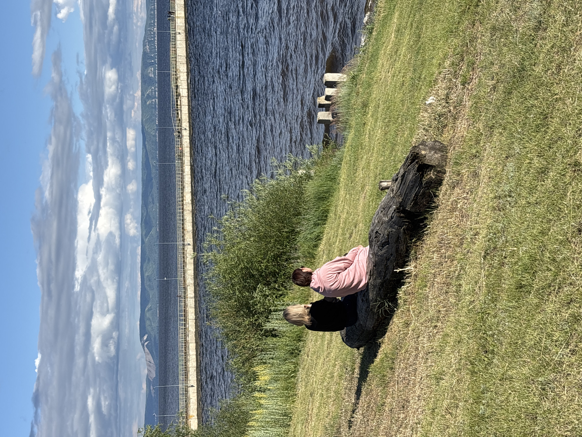 Two individuals are seated on a fallen log in a grassy area overlooking a body of water. The person on the left has blonde hair and is wearing a black hooded sweatshirt. The person on the right has dark hair and is wearing a pink hooded sweatshirt. In the background, a long pier with railings and lampposts extends across the water. Beyond the pier, a hilly, treed landscape is visible under a partly cloudy blue sky. The scene appears to be a park or recreational area in Berezovka, Russia, likely near the Berezovka River.