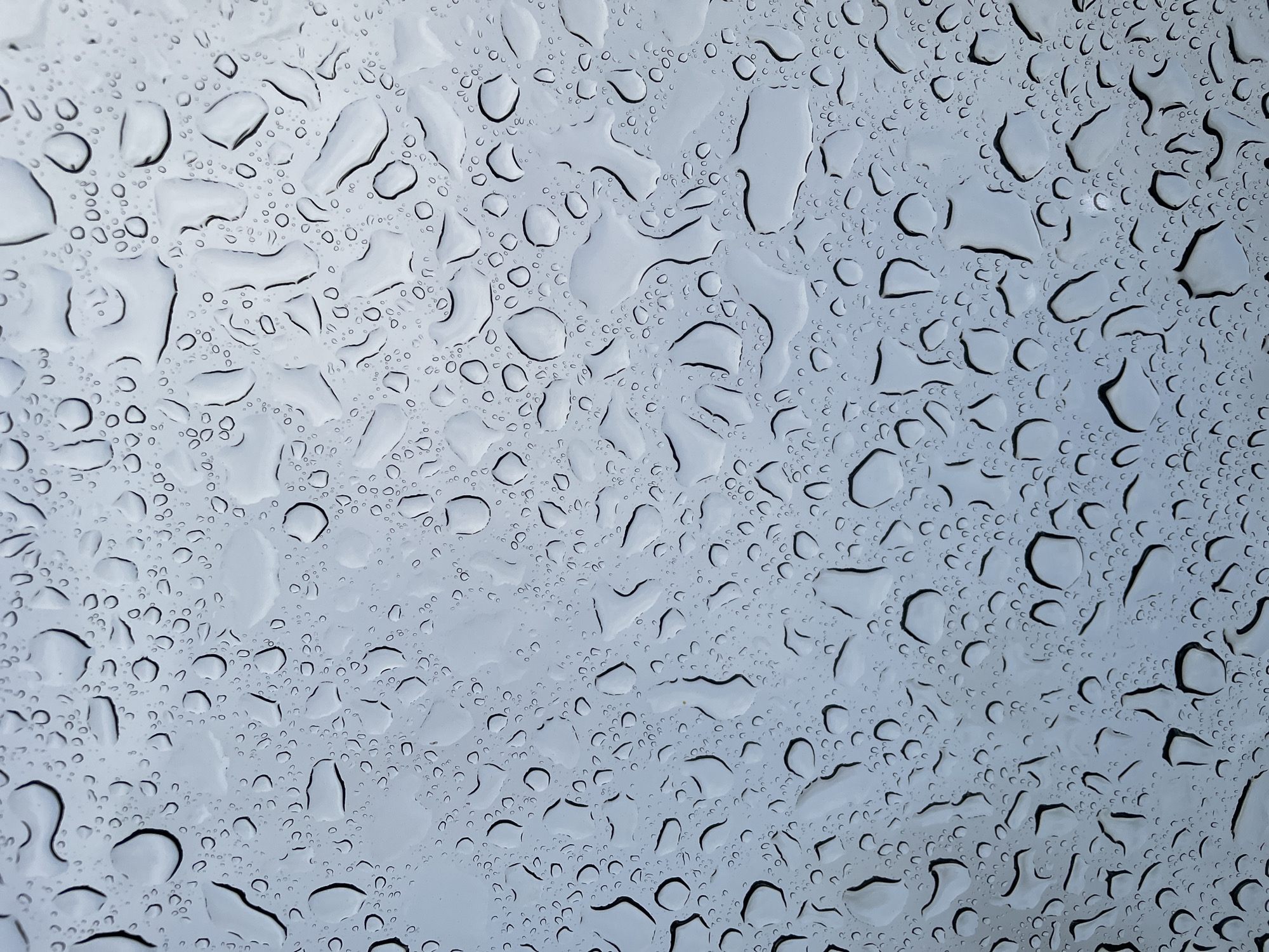 The image is a close-up shot of water droplets on a glass surface, possibly a window. The droplets vary in size and shape, creating a textured pattern. The background is a muted gray or light blue, suggesting an overcast sky or a diffused light source. No people or recognizable objects are present, and the image's subject is exclusively the water droplets and their interaction with the glass surface. There is no evidence to suggest the location is in Vinnytsia, Ukraine.