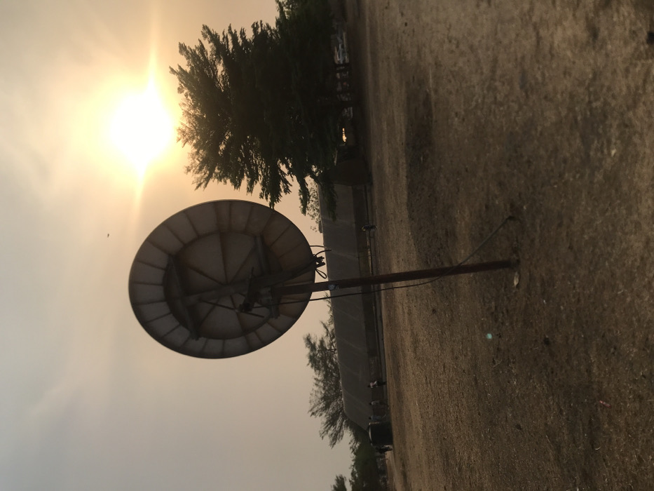 The image, captured in Umudike, Nigeria, depicts an outdoor scene bathed in the dramatic light of a low sun, suggesting either sunrise or sunset. A large, circular satellite dish, light grey in color, stands prominently on a brown pole in the left foreground.
The sun, a brilliant white-yellow source of intense light with visible rays and significant glare, dominates the upper left portion of the sky. This powerful light creates a hazy, warm, and somewhat diffused atmosphere, casting a warm tone across the entire scene.
To the right of the satellite dish and extending into the mid-ground are several dark green, tall, and slender trees, resembling conifers, their forms partially silhouetted against the bright sky. The ground, occupying the lower and right sections of the frame, is a vast expanse of dry, textured, light brown earth, indicative of a dusty or arid environment.
In the distant background, behind the trees, a long, low-lying structure, possibly a greenhouse or an agricultural building, stretches horizontally across the scene. Small, indistinct figures are faintly visible near this background structure. No specific activity is clearly discernable, and there is no visible text. The overall impression is an expansive, rural or semi-agricultural landscape under a powerful sun, with a slightly hazy atmospheric condition.