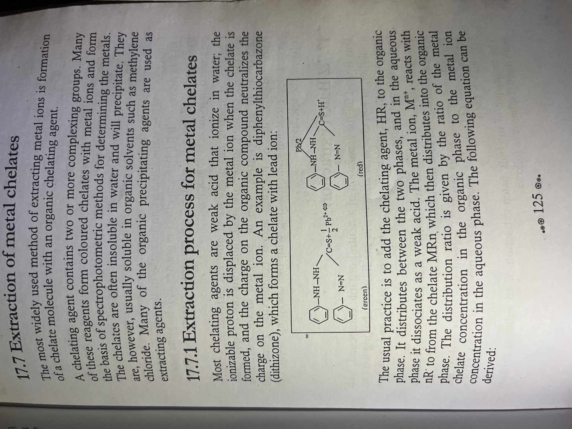 The image displays a page from a textbook discussing the extraction of metal chelates. The text explains the process and provides a chemical illustration of the interaction between a chelating agent (diphenylthiocarbazone) and lead ions. The page is numbered 125 at the bottom. There is no information within the image that pertains to the city of Jalingo, Nigeria.