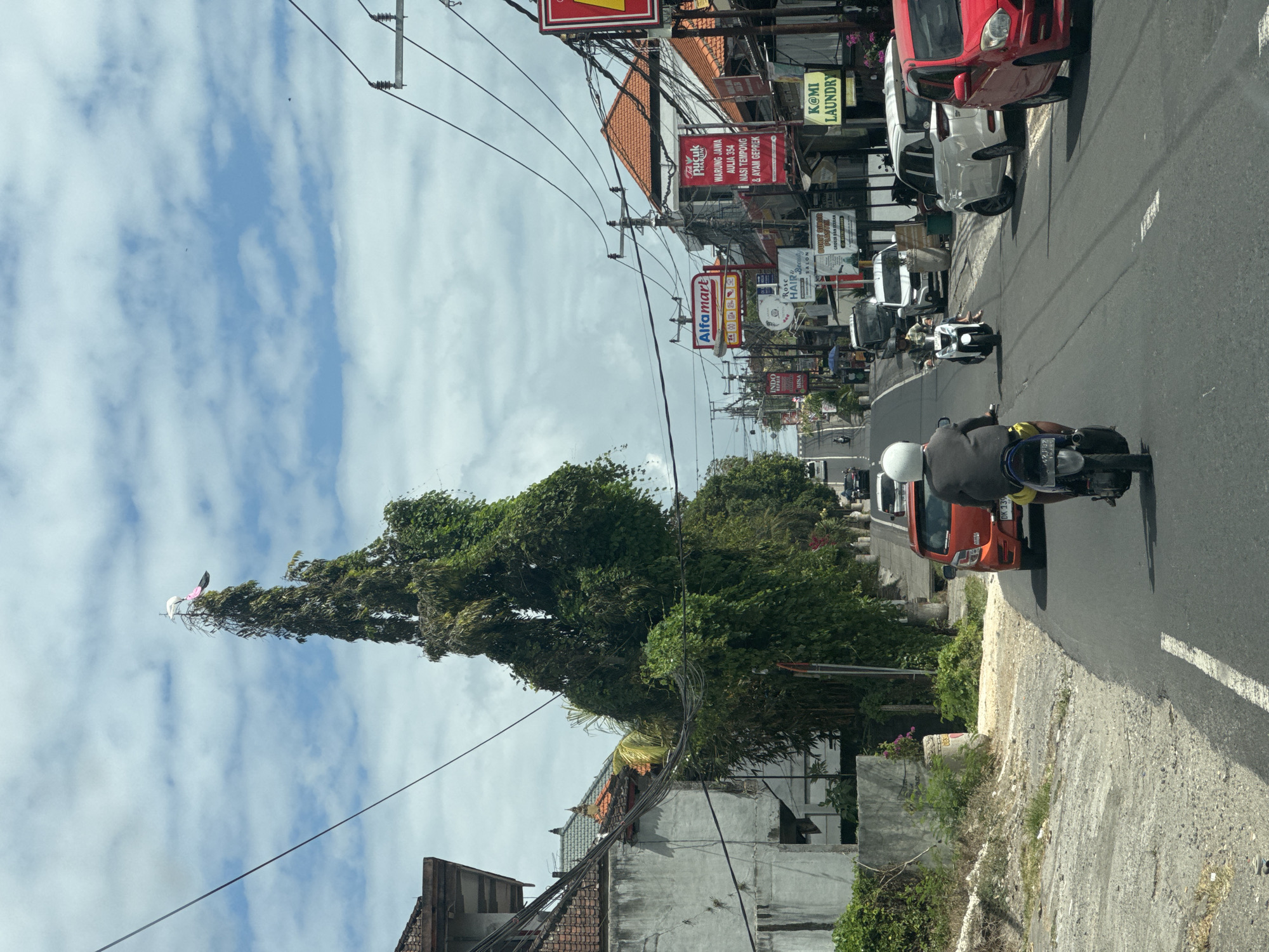 The image shows a street scene in Kuta Selatan, Indonesia, with a tall, overgrown tree dominating the left side of the frame. A white statue with pink accents is perched at the very top of the tree. The street is paved and has white lane markings. Several vehicles are visible on the road, including an orange car, a white car, a red car, and multiple motorbikes. One motorbike rider is prominently featured in the foreground, wearing a white helmet and dark clothing. On the right side of the street, various shops and signs are visible, including "Alfamart," "Warung Jawa," "Rose Hair & Beauty Salon," and "K@MI Laundry." The sky is partly cloudy with a bright blue hue. The buildings along the street have traditional terracotta tiled roofs. The environment appears to be a busy commercial and residential area.
