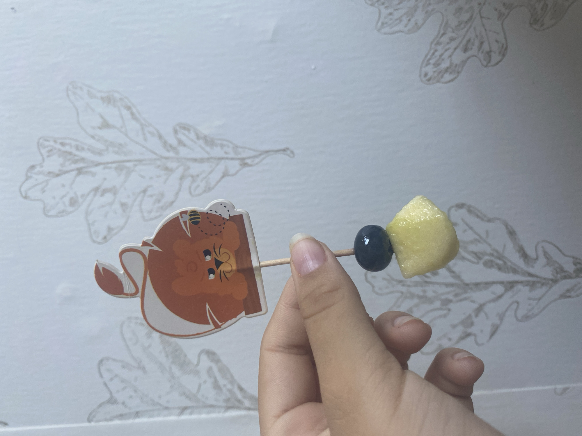 A hand holds a wooden skewer topped with a decorative cutout of a cartoon lion in a pot, followed by a blueberry and a cube of pineapple. The background is a light-colored wall with a subtle pattern of stylized leaves. The image was captured in Blagoevgrad, Bulgaria.