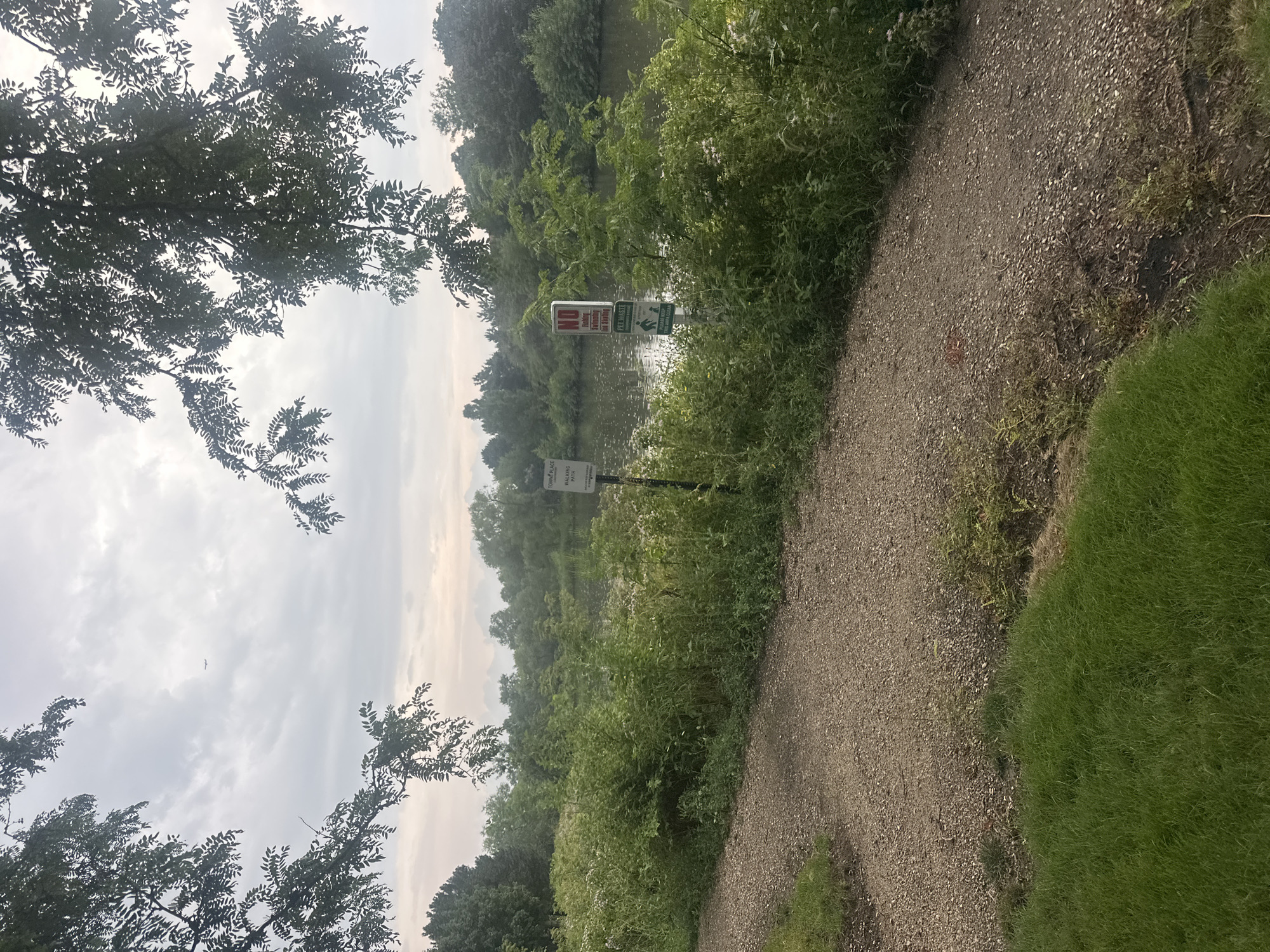 The image depicts a natural scene with a gravel path in the foreground leading towards a body of water surrounded by lush green vegetation. Several signs are visible near the water's edge. One sign reads "NO Fishing, Swimming, or Boating" with a red circle and slash symbol over images representing these activities. Below it, a green sign displays "PET WASTE" with a graphic of a dog and a trash can, along with text that says "PLEASE KEEP YOUR PARK CLEAN." The sky is overcast with a few scattered clouds, and trees frame the upper portion of the image. The overall setting appears to be a park or nature preserve.