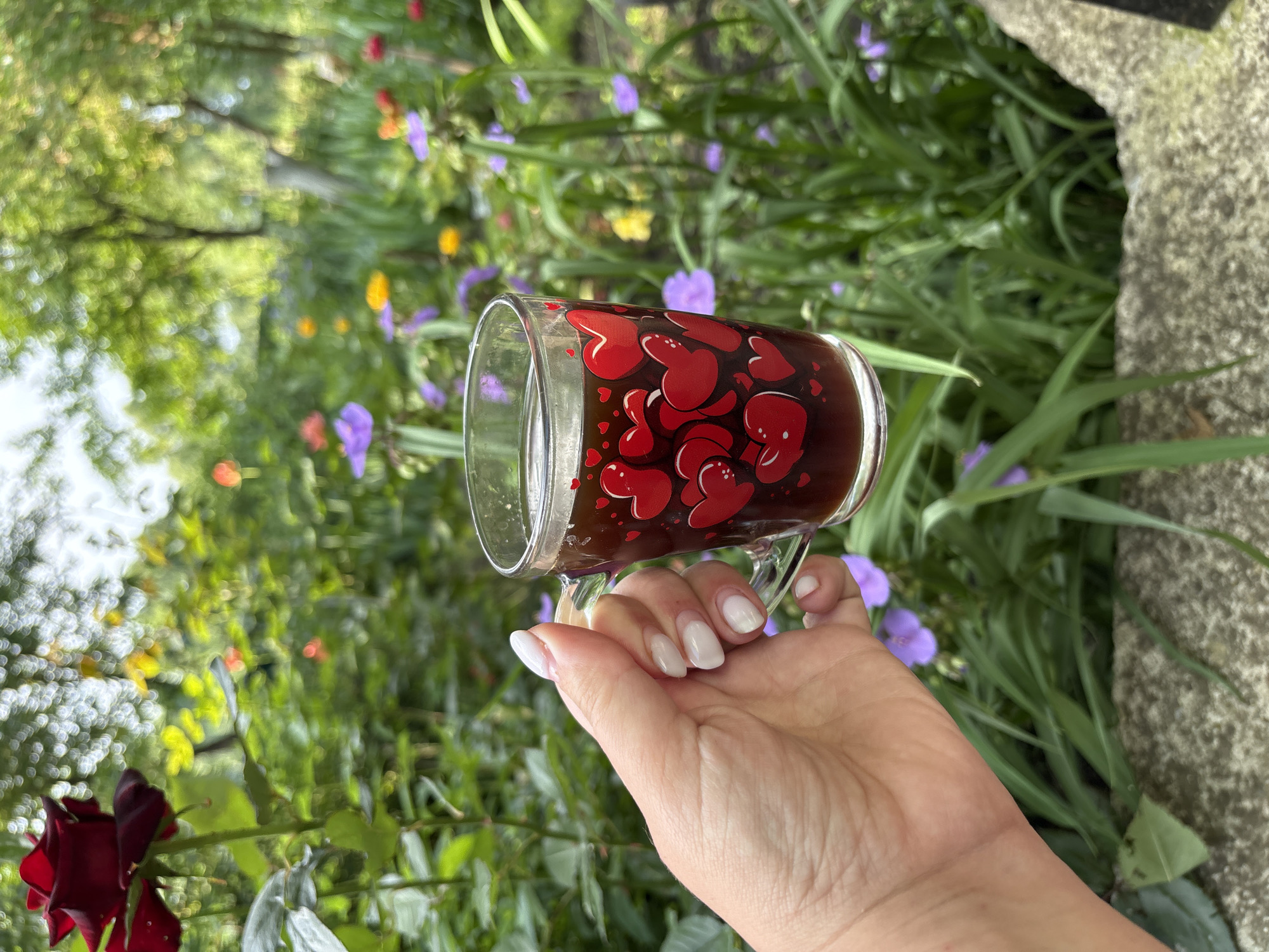 A person's hand, with white-polished fingernails, holds a clear glass mug filled with a dark liquid, possibly coffee. The mug is decorated with numerous red heart designs. The background is a lush, green garden with various flowers, including purple, yellow, and orange blooms, and a dark red rose in the upper left corner. The lighting suggests it is daytime, possibly outdoors in a garden setting.
