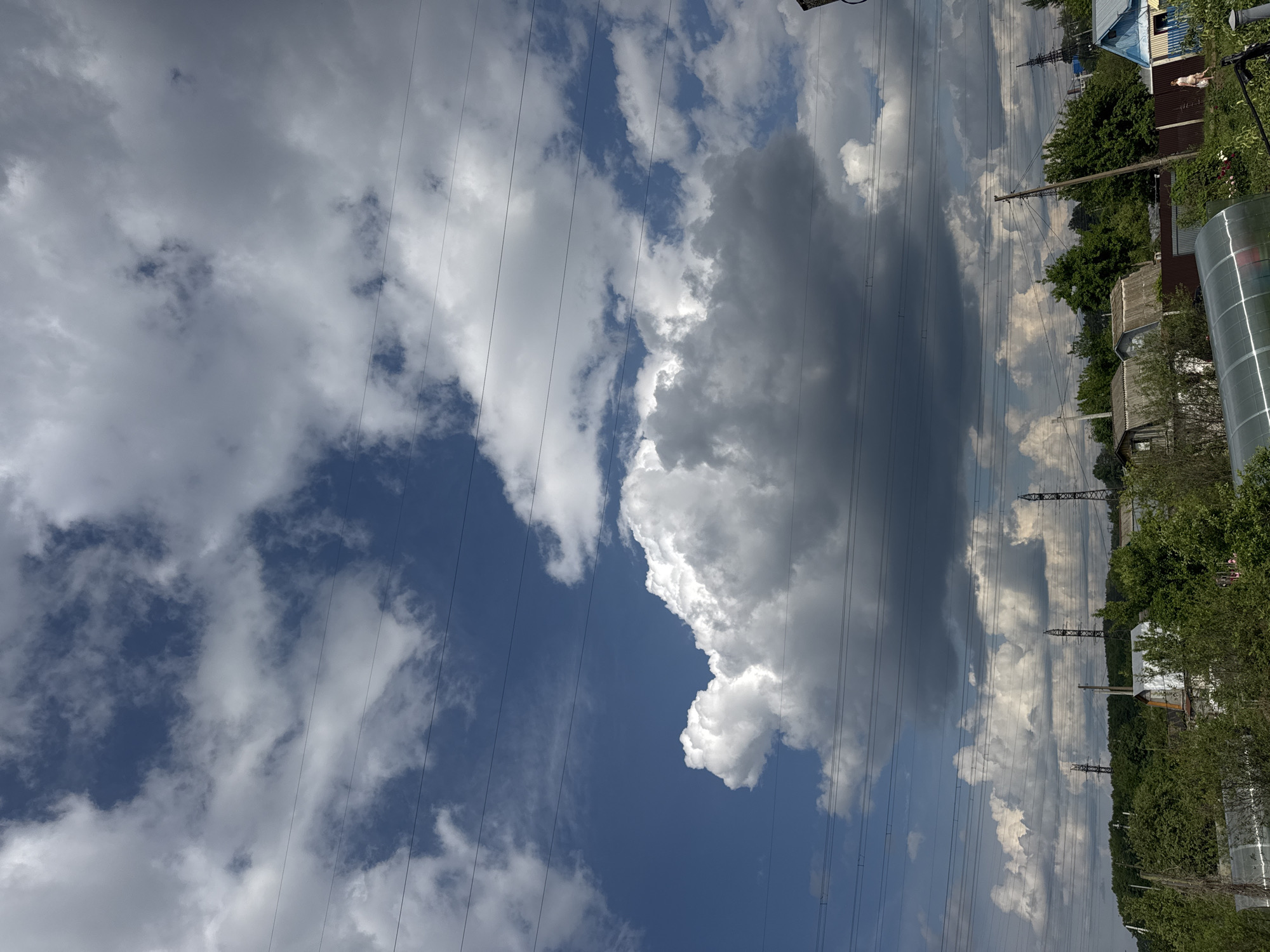 The image depicts a landscape in Chaikovsky, Russia, under a dramatic sky filled with a mix of dark and white clouds. Power lines stretch horizontally across the frame, intersecting with the sky and a background of green trees and several buildings. In the mid-ground, structures resembling houses with tin roofs are visible, some appearing dilapidated. Towering pylons associated with electrical infrastructure are scattered throughout the scene. The foreground features lush green foliage and a greenhouse-like structure with a corrugated metal roof. A lone woman walks along a path near the houses on the right side of the image. The overall impression is of a rural or semi-rural setting on a cloudy day.