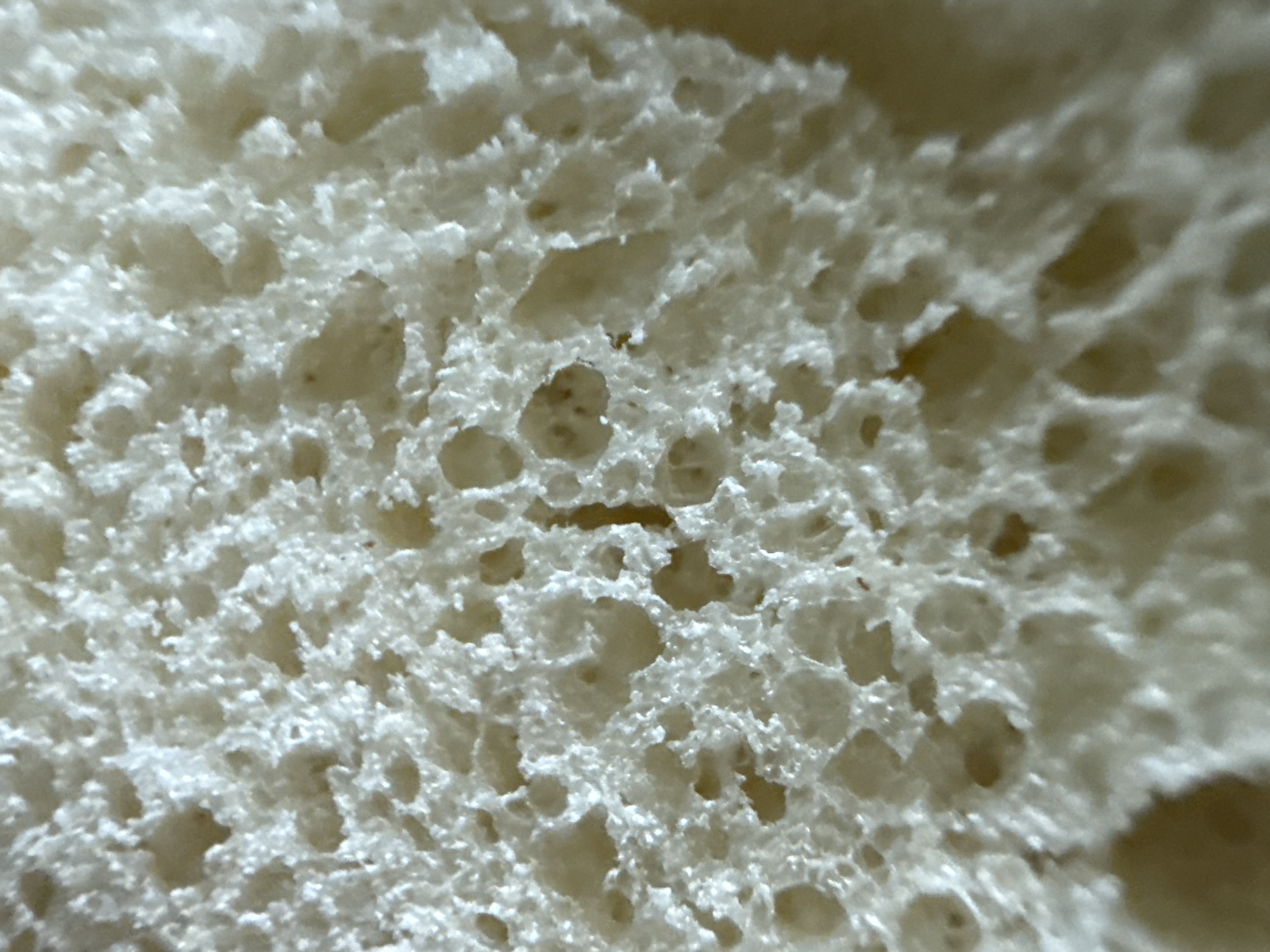 This is a close-up, macro photograph of the porous interior of a slice of white bread. The image is dominated by the texture of the bread crumb, characterized by irregular holes and air pockets of varying sizes. The color is predominantly off-white with subtle yellow and brown undertones, suggesting a natural, unbleached product. The lighting creates highlights and shadows, emphasizing the three-dimensional structure of the crumb. There are no people, objects, or environmental elements visible that would indicate a specific location within the city of Okhtyrka, Ukraine, or any other geographical context. The image solely focuses on the abstract texture of the bread.