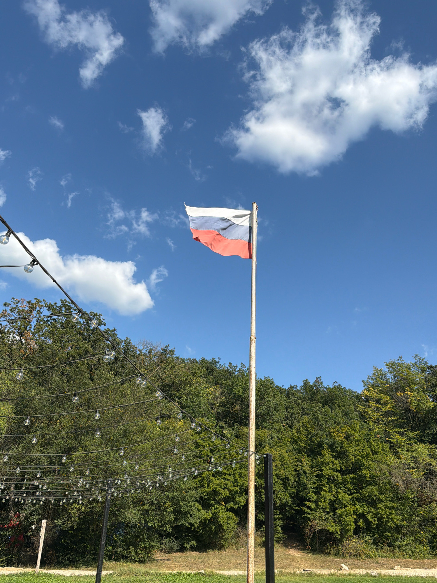 In a clear, blue sky with scattered white clouds, a Russian flag flutters on a flagpole. The flag, consisting of three horizontal bands of white, blue, and red, is positioned to the right of the frame. Below the flag, a dense green forest stretches across the background, with the tops of trees visible against the sky. In the foreground, strings of illuminated bulbs are strung across wires, creating a decorative canopy. The ground beneath the trees appears to be covered in dry grass and some scattered rocks. The scene is set outdoors, likely in a natural or semi-natural environment. The context of Балаклавский округ, Ukraine, is not visually discernible from the image itself.