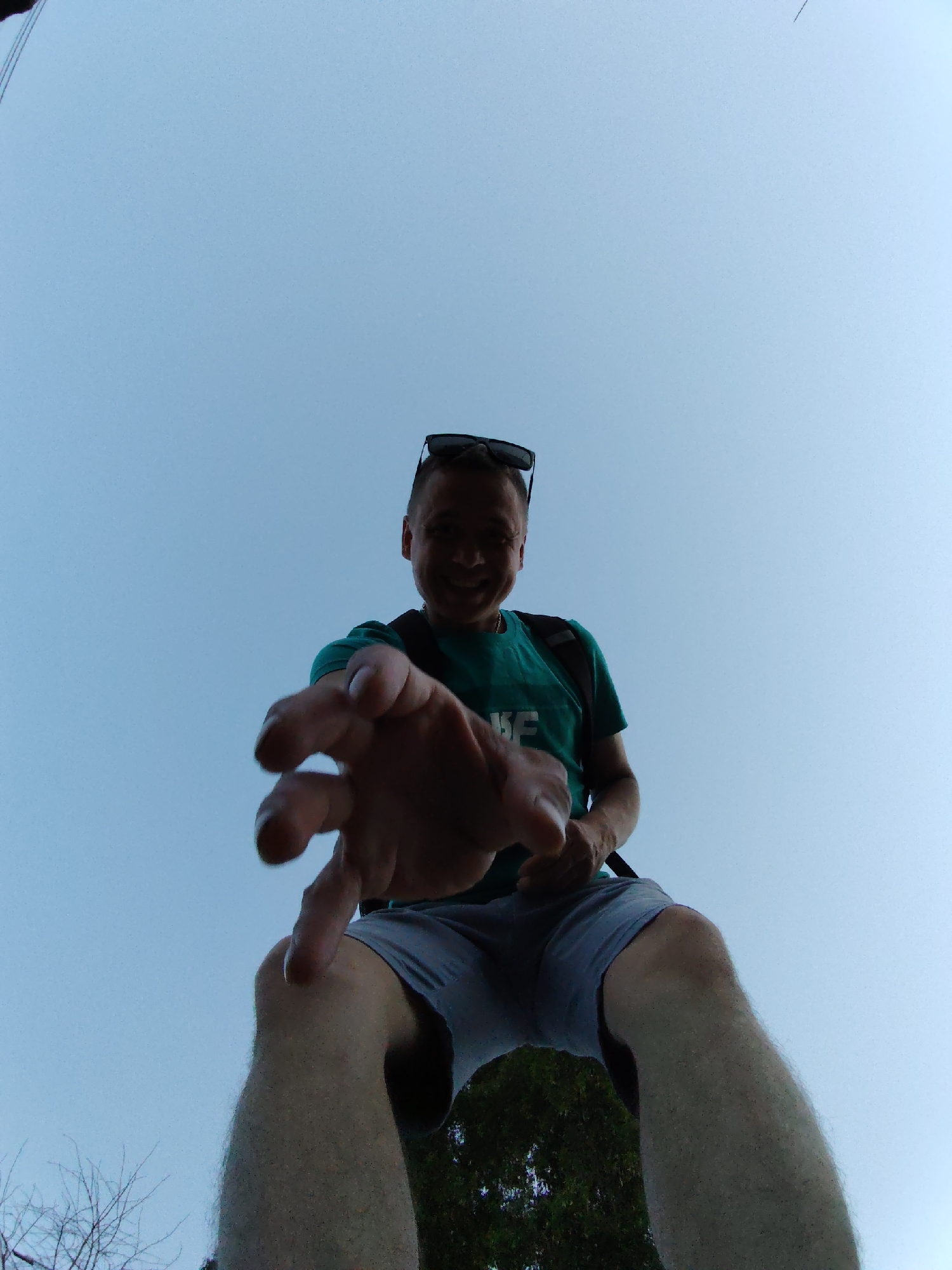 A man with sunglasses perched on his head, wearing a green t-shirt, gray shorts, and a black backpack, is pictured from a low-angle perspective. His right hand is outstretched towards the camera. The background consists of a clear, light blue sky. Below the man, hints of greenery and tree branches can be seen. The location is indeterminate based on the provided image.