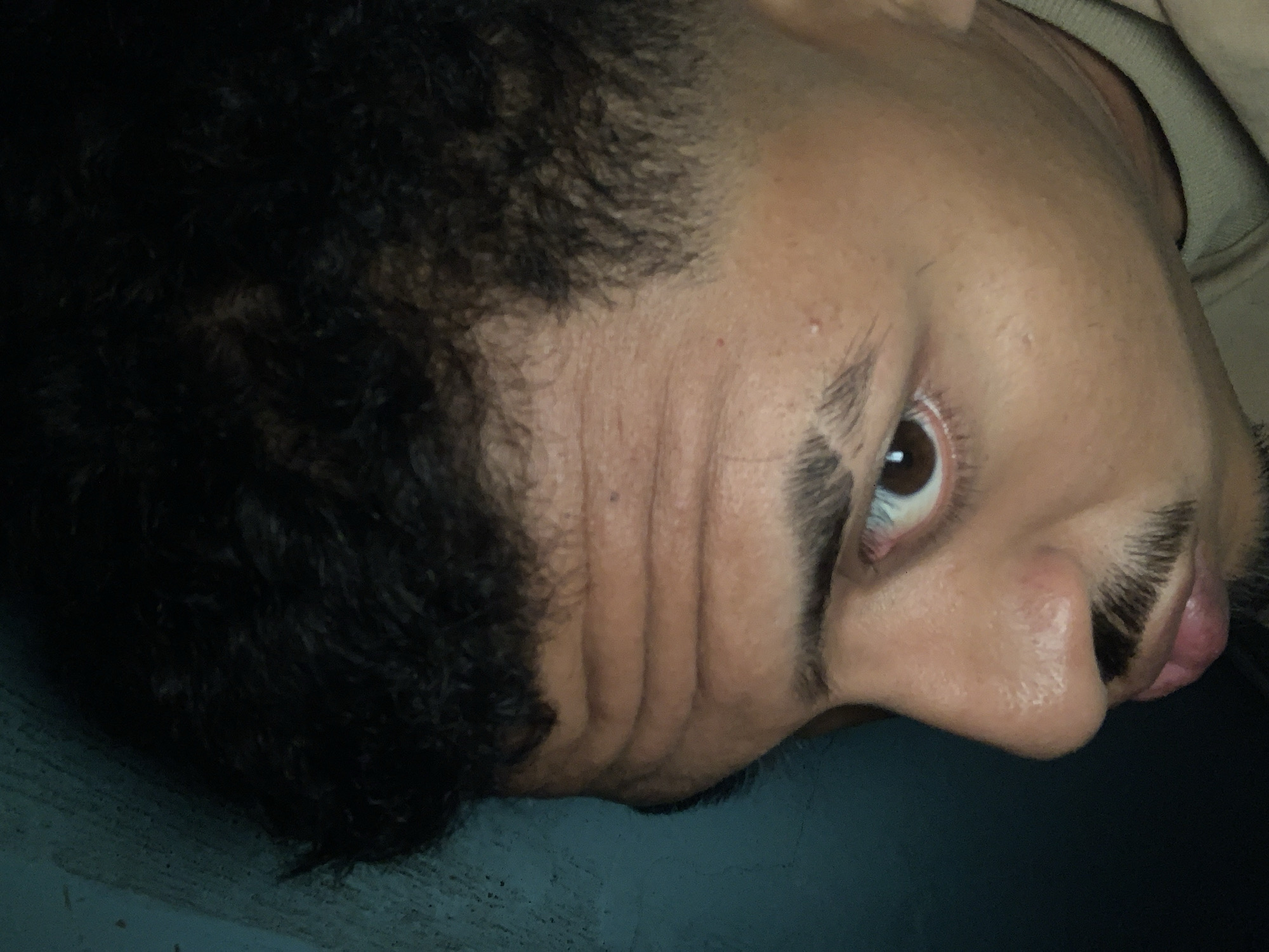 This portrait-style image captures a close-up, partial view of a person's face, rotated 90 degrees clockwise, suggesting a sideways or upward gaze. The subject is a person, likely male, with brown skin, dark, curly hair, and dark brown eyes.
The prominent features visible include the right eye, eyebrow, the side of the nose, and a portion of the upper lip and mustache/beard area. The eye is open, revealing a clear dark brown iris and white sclera. Several horizontal folds or wrinkles are apparent on the temple area, potentially caused by the head's position or a dynamic facial expression. Small skin blemishes, specifically a whitehead and a red spot, are visible on the skin near the eyebrow and temple. The hair on the left side of the frame is dark and curly, transitioning into a faded cut on the temple. A dark mustache and beard are also visible around the mouth area.
The lighting in the image is dim, creating soft shadows and highlighting the facial features. The background is a dark, textured surface, possibly a wall or floor, in a muted dark teal or blue-green color. A light-colored garment, appearing to be a beige or light brown collar or hood, is visible on the far right edge of the frame. The person's expression appears neutral or contemplative. No specific activity is depicted beyond the pose. There is no visible text in the image. While the location context is Santa Ana, Venezuela, no specific visual cues within the image confirm this.