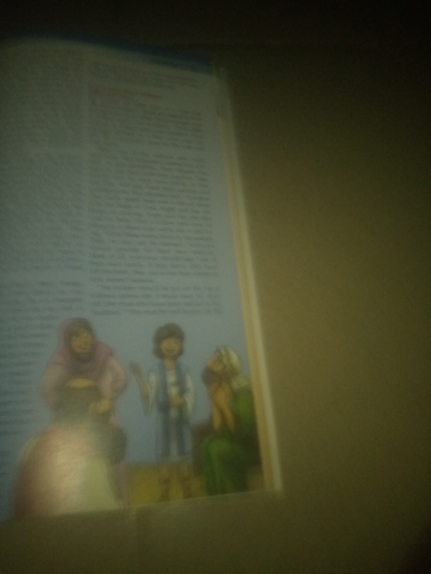 The image shows an open book with text and an illustration. The illustration depicts three figures. On the left, a person wearing a pink headscarf and brown robe is seated, holding a basket. In the center, a person in a blue tunic and white striped garment stands with their arms outstretched. To the right, a person in a green robe is seated, looking downwards with their hands clasped. The book is positioned on a dark surface, possibly a table or floor, with a wall visible in the background. The text in the book is blurred and illegible. The scene is illuminated by artificial light, casting shadows. The image is taken at an angle, contributing to a slightly distorted perspective. The location in the city of Jauro Yinu, Nigeria, is not visually indicated in the image.