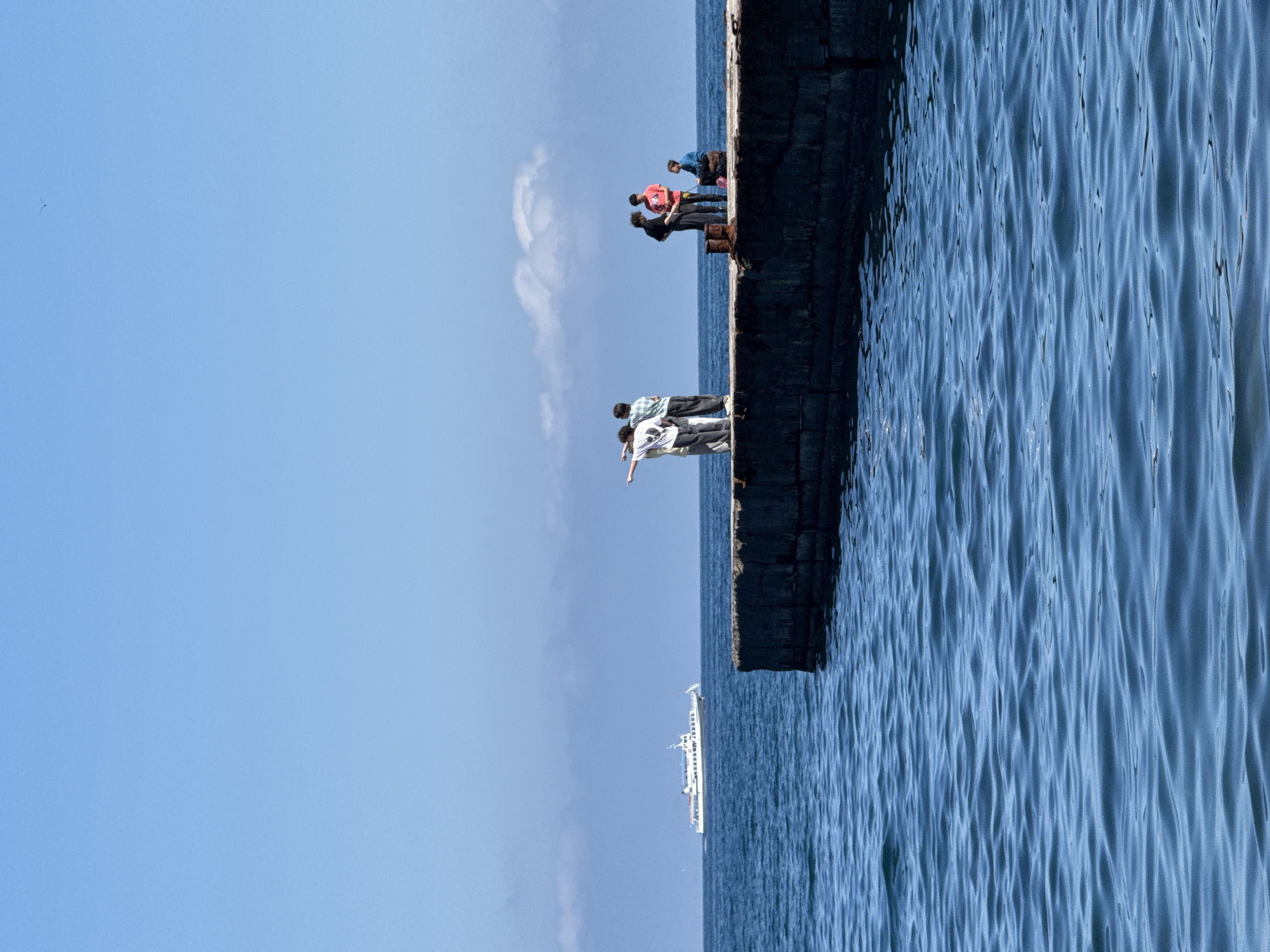A partially vertical eye-level shot depicts a pier with several people standing on it and water around it. The pier is a dark, worn, textured concrete structure extending into the water. The water is blue with ripples and waves. Several people are standing on the pier. From left to right: the first group consists of four young people; one points toward the water while the others stand beside him. Another group consisting of four people are at the end of the pier; a person in an orange shirt is featured. A ship is in the water in the distance. The sky is a clear blue color with some white clouds. The location is Unknown, Unknown.