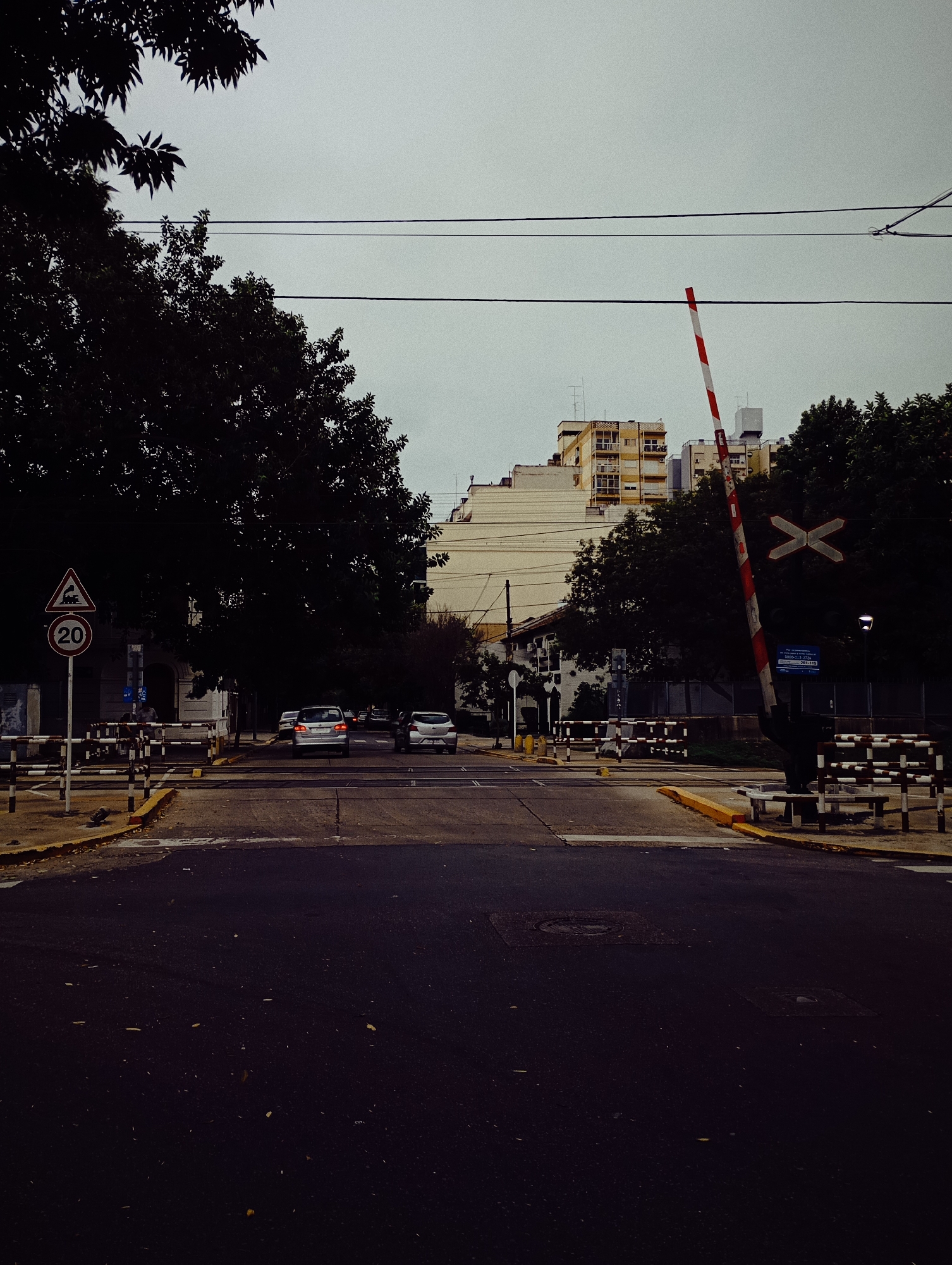 The image shows a street-level view of a railroad crossing in the city of Buenos Aires, Argentina. The crossing gates are in the down position, indicated by the red and white striped barrier angled across the road. A white 'X' sign denotes the railroad crossing. Trees line both sides of the street. Several cars are visible waiting at the crossing. A speed limit sign showing '20' is on the left. In the background, buildings are visible. The sky is overcast. The street surface is dark, with some debris. White and black barricades with yellow strips are visible on the sidewalks next to the road. Power lines are above.