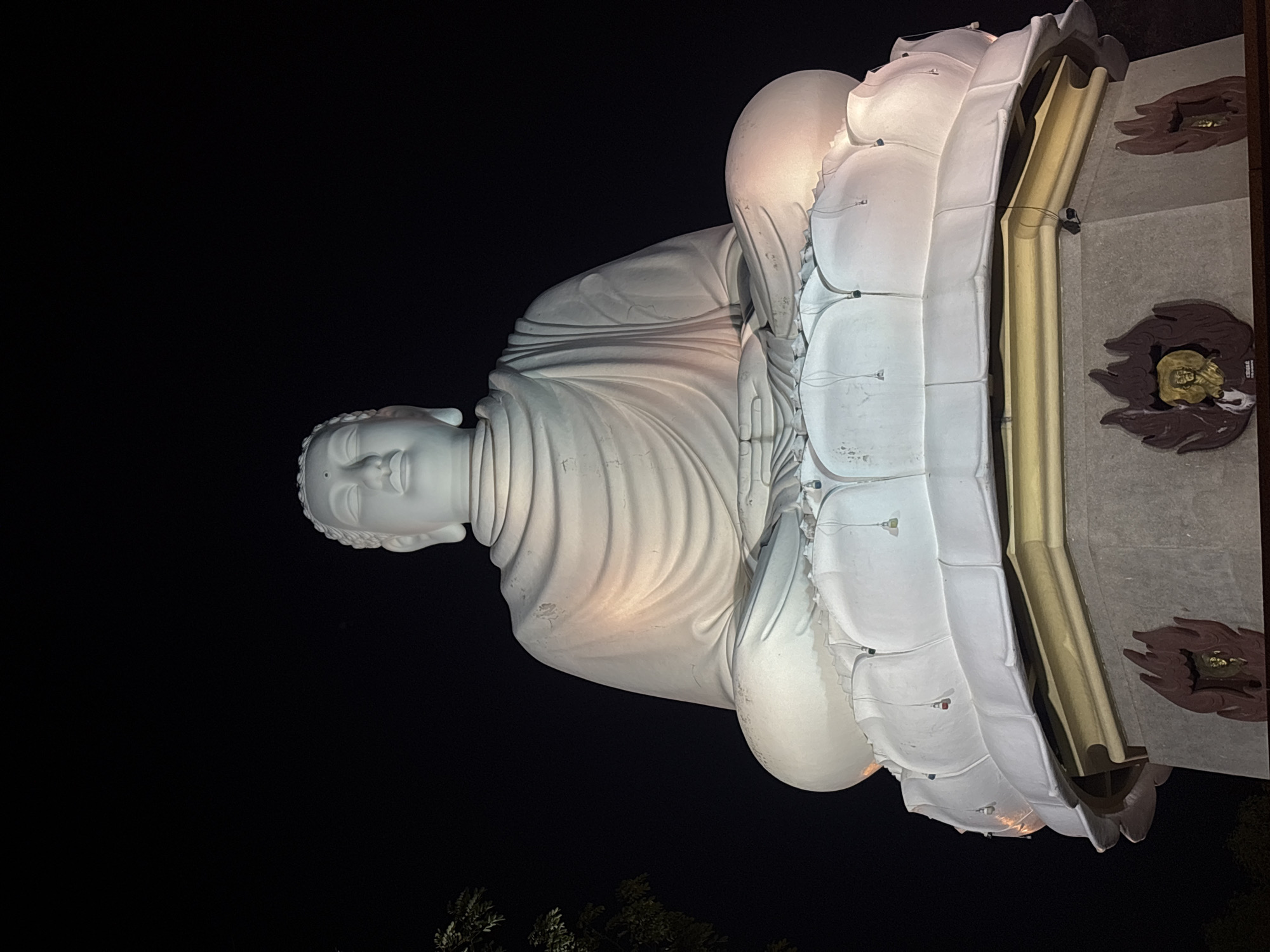 A large, white, seated Buddha statue is illuminated against a dark night sky in Nha Trang, Vietnam. The statue is positioned on a multi-tiered, lotus-shaped base, which in turn rests on a hexagonal pedestal. The pedestal is adorned with decorative elements, including what appear to be stylized flame motifs with small golden figures embedded within them. The Buddha statue is in a meditative pose, with its hands resting on its lap. The lighting highlights the smooth, serene features of the statue and the folds of its robe. A few small bells hang from the lotus petals. Some dark foliage is visible on the left side of the image, suggesting the presence of trees.