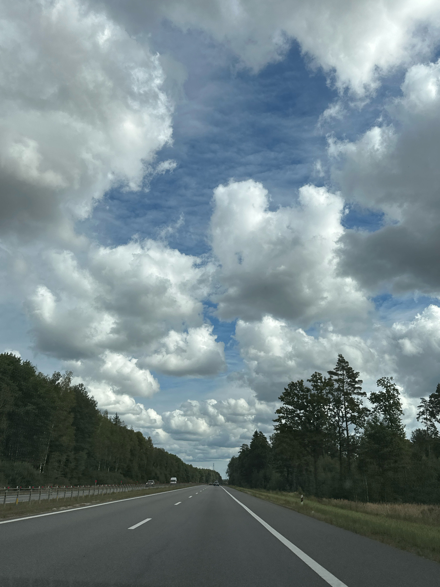 The image depicts a view from a moving vehicle on a multi-lane highway in Пухавіцкі сельскі Савет, Belarus. The road is asphalt with clear white lane markings. On the left side of the highway, a dense line of mature trees forms a forest bordering the road. A metal safety barrier with vertical posts and horizontal rails is visible along the edge of the forest. A few vehicles, including a white van and a smaller car, are on the highway in the distance. On the right side of the road, more trees line the highway, with some taller pine trees interspersed among them. The sky is predominantly filled with large, dramatic cumulus clouds, with patches of blue sky visible. The lighting suggests it is daytime, possibly with intermittent sunshine due to the cloud cover. The overall scene is one of a drive through a wooded rural area under a dynamic, cloudy sky.