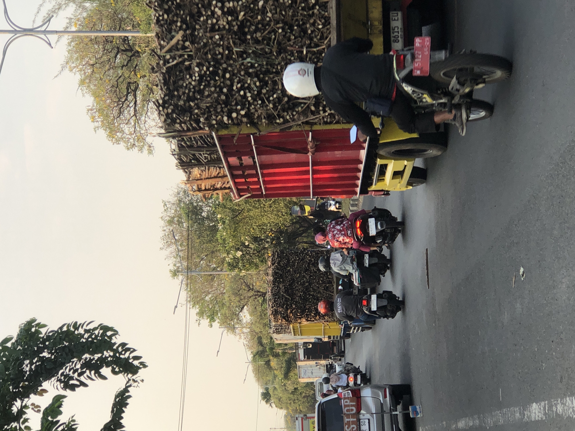 The image depicts a traffic jam on a city street in Ngaban, Indonesia, at an unspecified time of day. The road is asphalt, marked with a white line on the left side. A silver SUV with a "STOP" sign visible on its rear bumper is in the foreground on the left. Several motorcycles are present in the traffic, with riders wearing helmets and casual clothing. One motorcycle in the foreground right carries a rider in a black jacket and pants, with a white helmet. To the right of the SUV, a large truck with a red and yellow cargo bed is heavily loaded with sugarcane stalks. Another truck, also carrying sugarcane stalks, is visible further up the road. Trees with green foliage and some with yellow flowers line the sides of the road. Overhead power lines are present in the upper portion of the image. The sky is overcast with a pale yellow hue, suggesting either sunrise or sunset. The overall scene is one of congestion and daily life on Indonesian roads.