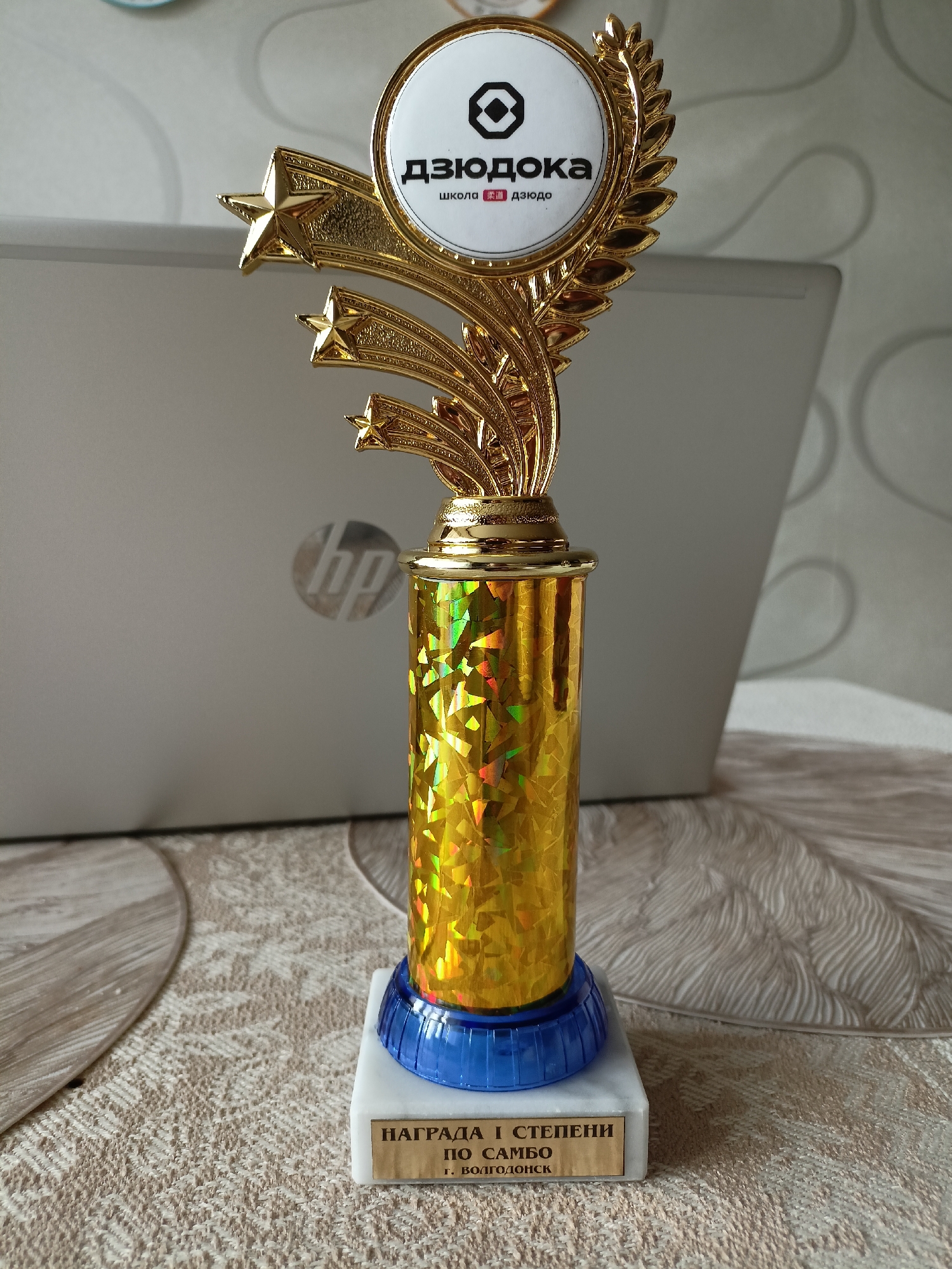 A golden trophy sits on a patterned tablecloth in front of a laptop. The trophy is topped with a circular emblem featuring a black geometric design and Russian text. Below the emblem, a golden laurel wreath surrounds a second line of text. The trophy's stem is cylindrical and covered in a gold, holographic, faceted material. It rests on a blue base, which in turn sits on a rectangular white marble block. A small gold plaque on the marble block bears Russian text, identifying the award as "НАГРАДА I СТЕПЕНИ ПО САМБО" (Award of 1st Degree in Sambo) and specifying the location as "г. ВОЛГОДОНСК" (Volgodonsk City). The background shows a light gray laptop with an HP logo visible on its surface. The overall environment appears to be indoors, with soft lighting and a textured wallpaper in the upper right corner.
