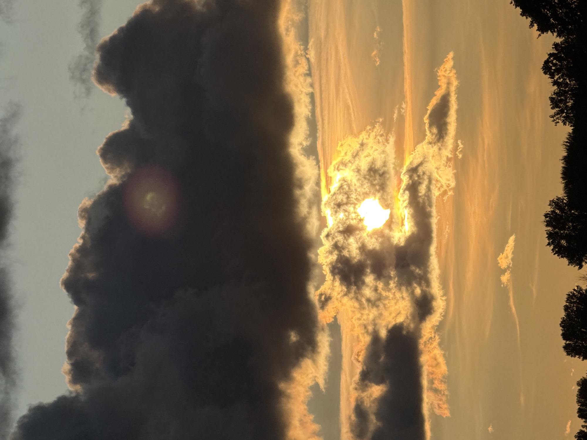 The image captures a dramatic sunset over a silhouetted treeline, likely on the outskirts of Riga, Latvia, given the absence of distinct urban landmarks. The sky is a canvas of intense oranges, yellows, and grays, dominated by large, dark clouds that partially obscure the setting sun. The sun itself is a bright, radiant orb, peeking through a gap in the clouds, casting a warm, golden glow on the surrounding cloud formations. A subtle lens flare, appearing as a reddish-orange circular halo with a greenish center, is visible in the upper portion of the image, indicating the direction of the sun. Wispy, lighter clouds drift across the sky, some catching the sunset's light and appearing almost molten. The lower edge of the frame is defined by a dark silhouette of trees, their branches intricate against the vibrant sky. No people or specific structures are identifiable within the scene, suggesting a natural landscape setting.