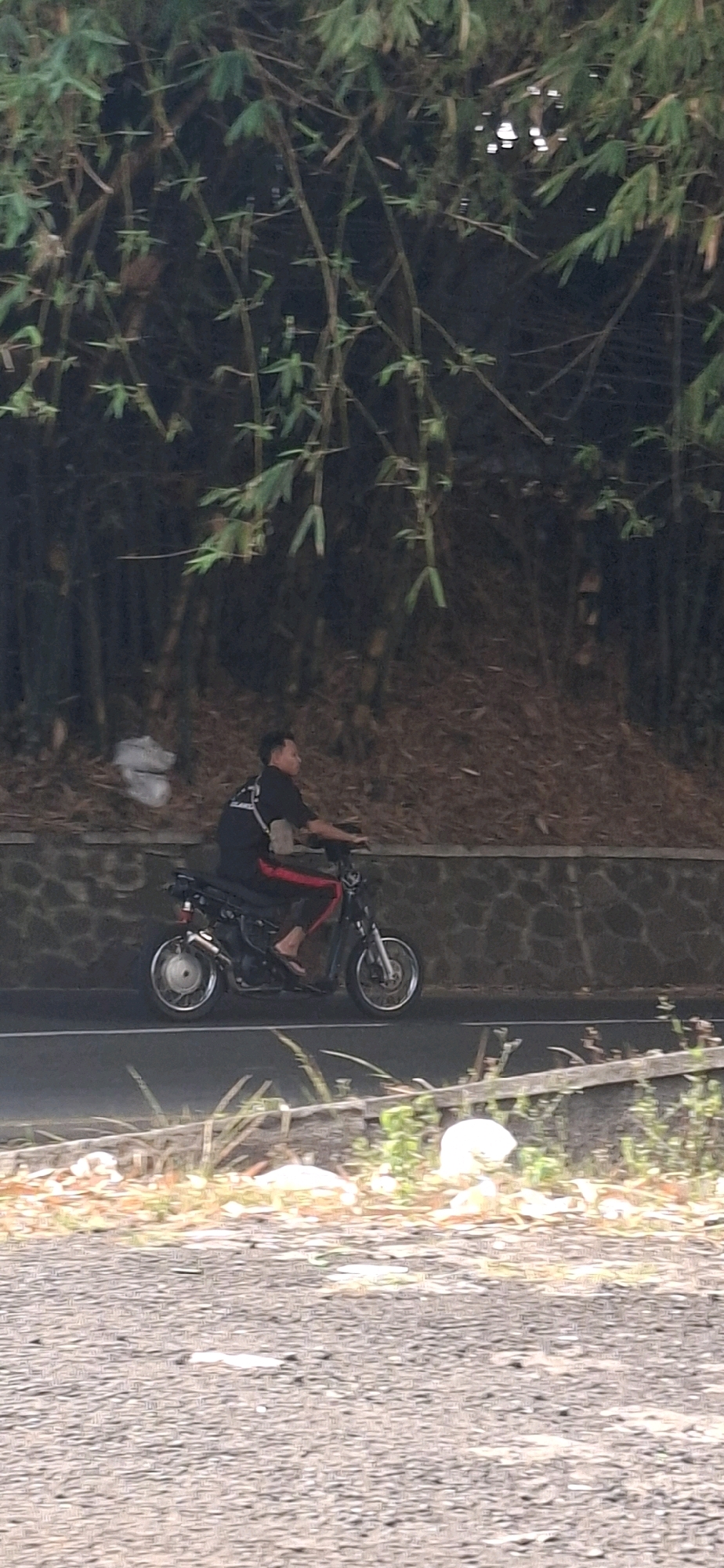 In Cilaku, Indonesia, a man rides a motorcycle on a paved road. He is wearing a black t-shirt and red-striped pants, with a small bag slung over his shoulder. The motorcycle is black with silver accents. The road is bordered by a stone wall on the right, behind which is a densely vegetated area with bamboo and fallen leaves. The foreground shows the textured surface of the road and some dry grass and debris along the roadside.