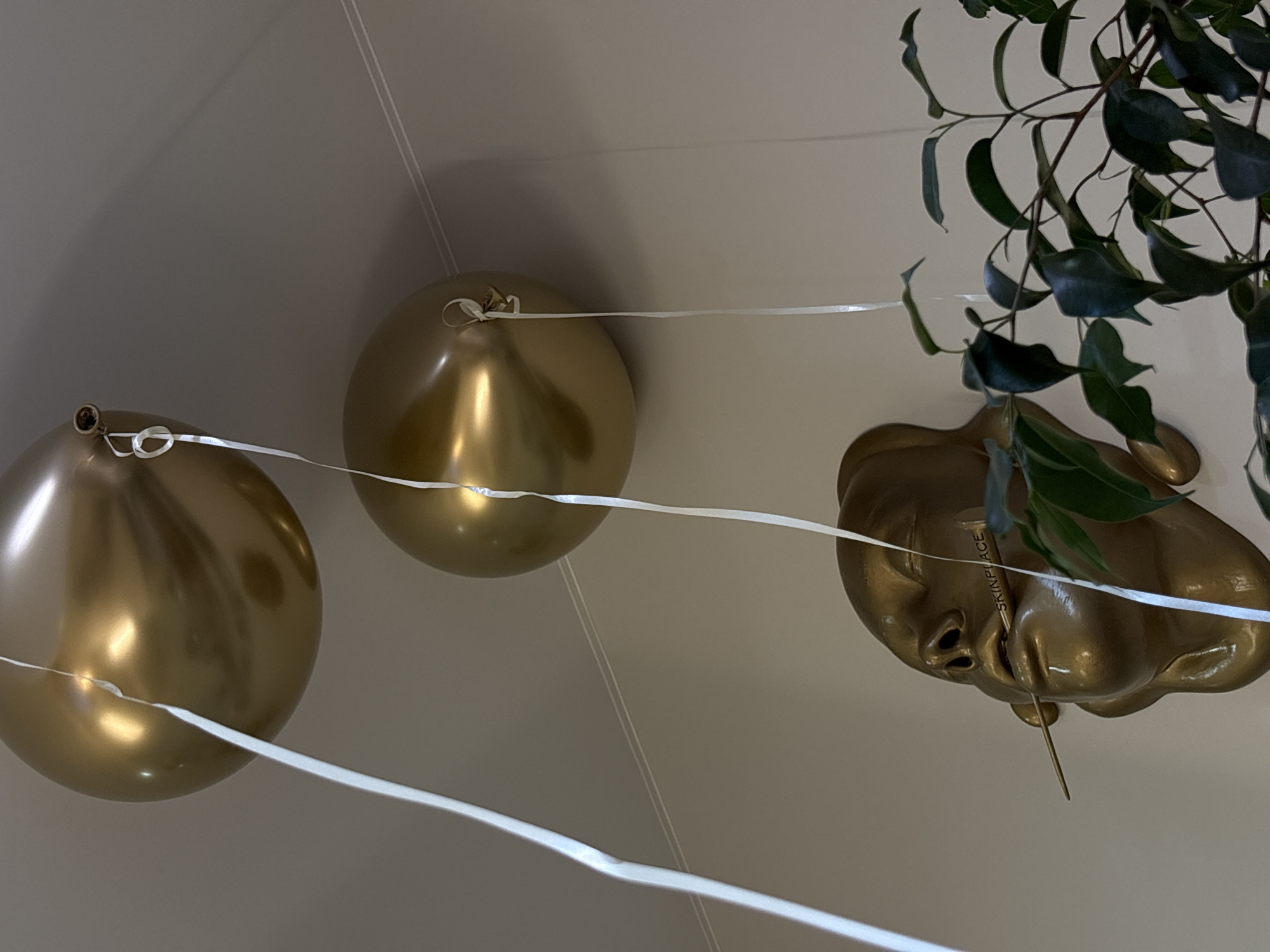 Two gold balloons with white ribbons are suspended from a white ceiling. Below the balloons, a gold-colored sculpture of a face is mounted on a wall. The sculpture appears to be a human face with closed eyes, and a thin golden object, possibly a needle, is piercing the mouth. The word "SKINPLACE" is visible in black text on the golden object. To the right of the sculpture, a branch of a green leafy plant is visible, partially obscuring the wall. The scene is indoors, and the lighting suggests it may be daytime or well-lit artificial lighting. There is no information about the location in Rostov-on-Don, Russia.