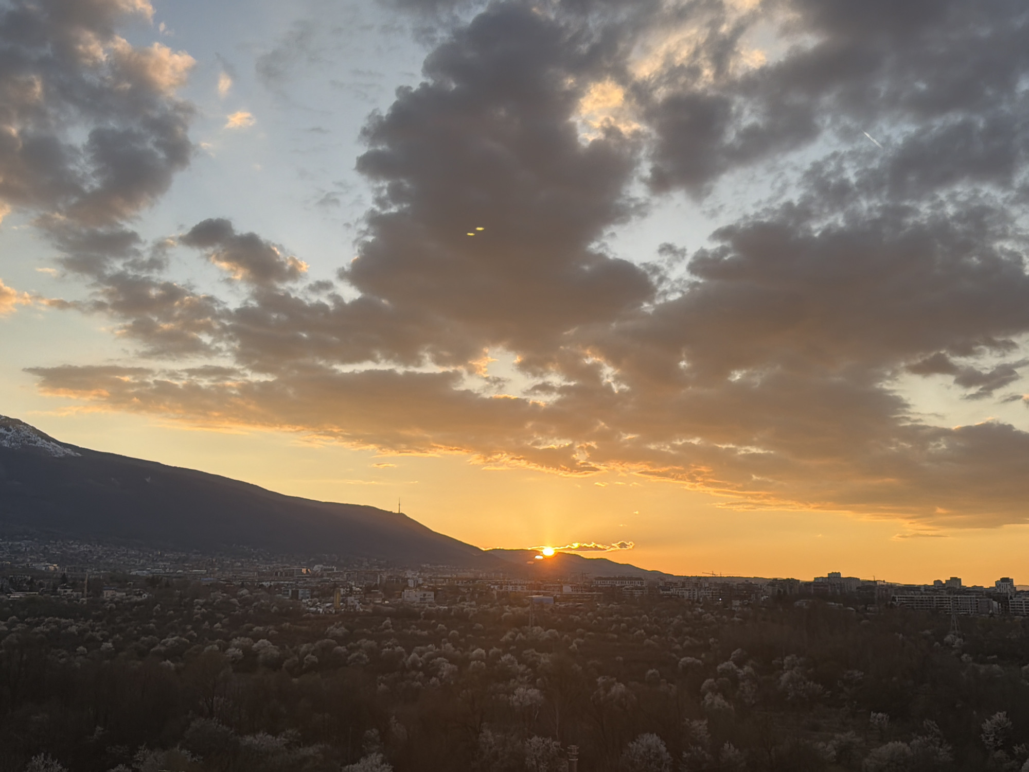 A sunrise or sunset is observed over Sofia, Bulgaria. The sun is positioned on the horizon, partially obscured by a cloud formation. In the foreground, there's a landscape filled with trees, many of which appear to be blooming with white flowers. Beyond the trees, a cityscape with buildings of varying heights is visible. In the backdrop, there is a mountain range with a radio transmission tower. The sky has clouds with colors of orange and gray.